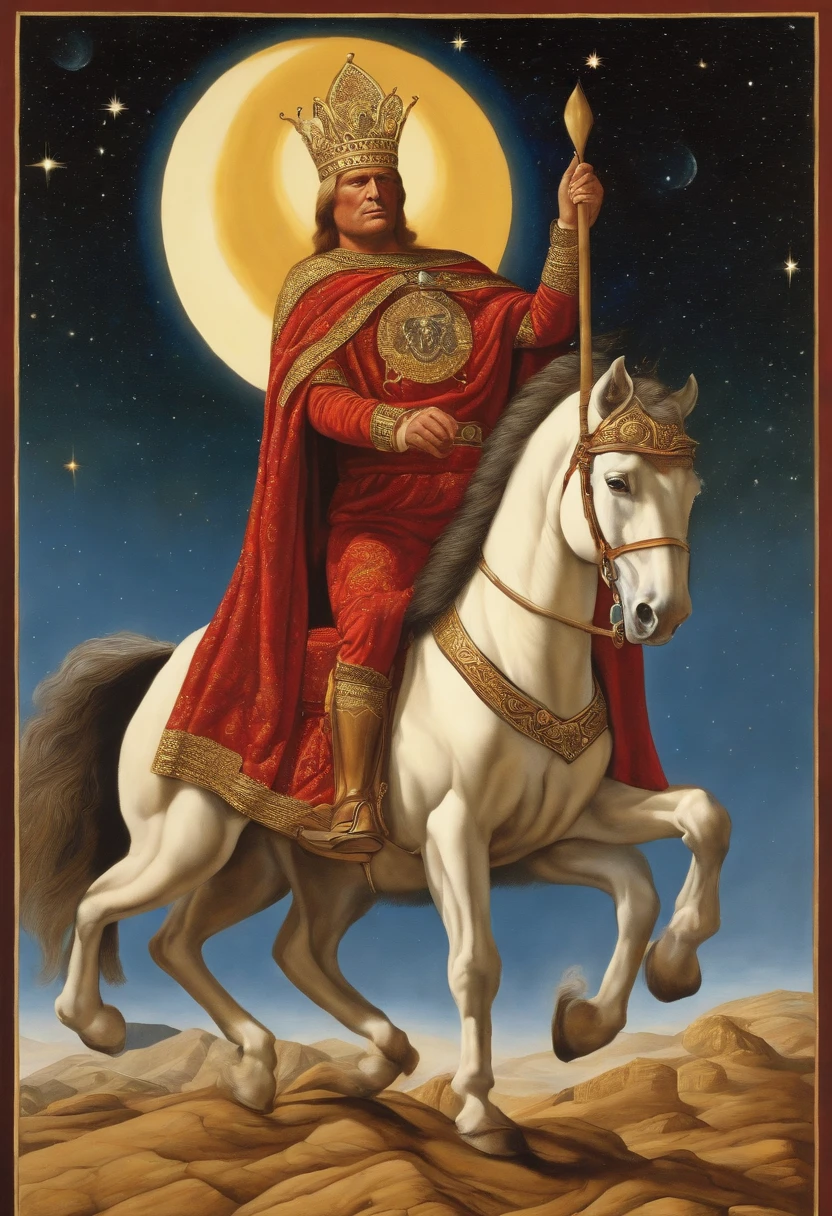 Illustration of a man riding a horse with a halo on his head, making: Mati Klarwein, Tarot Card Chariot, The God Emperor of Mankind, Inspired by Mati Klarwein, The king of the god of AI art, The King of Kings, by Joseph Stella, Marty Clavine and Moebius, ( ( The king of the god of AI art ) ), Donald Trump as a Knight, Michael Hoss
