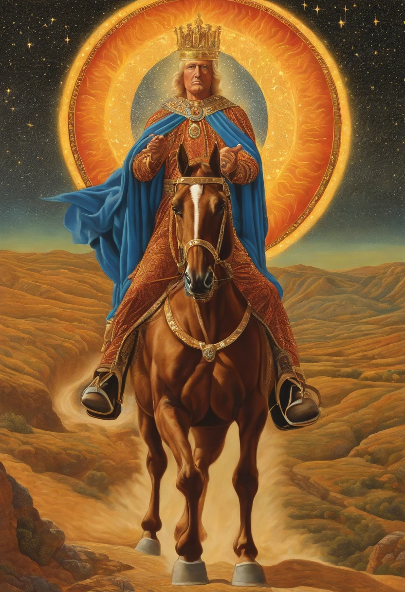 Illustration of a man riding a horse with a halo on his head, making: Mati Klarwein, Tarot Card Chariot, The God Emperor of Mankind, Inspired by Mati Klarwein, The king of the god of AI art, The King of Kings, by Joseph Stella, Marty Clavine and Moebius, ( ( The king of the god of AI art ) ), Donald Trump as a Knight, Michael Hoss