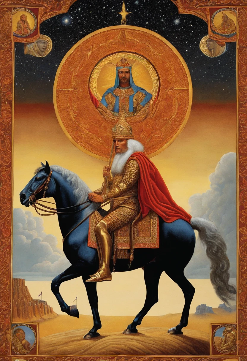 Illustration of a man riding a horse with a halo on his head, making: Mati Klarwein, Tarot Card Chariot, The God Emperor of Mankind, Inspired by Mati Klarwein, The king of the god of AI art, The King of Kings, by Joseph Stella, Marty Clavine and Moebius, ( ( The king of the god of AI art ) ), Donald Trump as a Knight, Michael Hoss