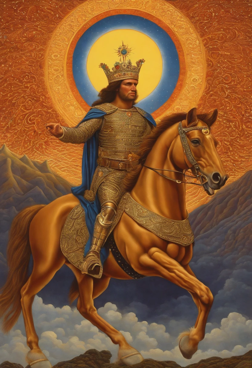 Illustration of a man riding a horse with a halo on his head, making: Mati Klarwein, Tarot Card Chariot, The God Emperor of Mankind, Inspired by Mati Klarwein, The king of the god of AI art, The King of Kings, by Joseph Stella, Marty Clavine and Moebius, ( ( The king of the god of AI art ) ), Donald Trump as a Knight, Michael Hoss