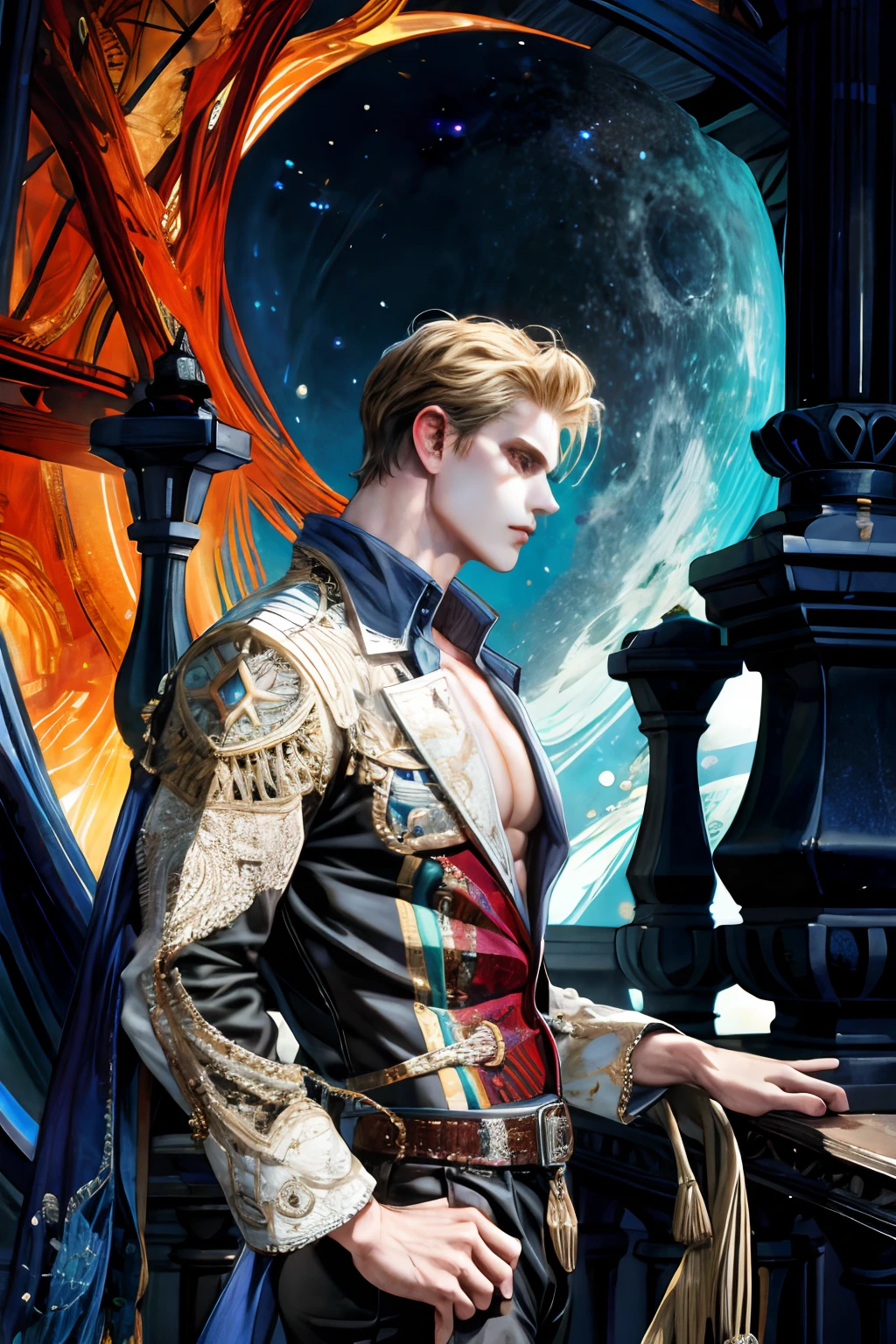 (absurdres, highres, ultra detailed), 1 male, solo, handsome, tall muscular guy, broad shoulders, intricate details, colorful, highest detailed, cowboy shot, from side, profile, looking down