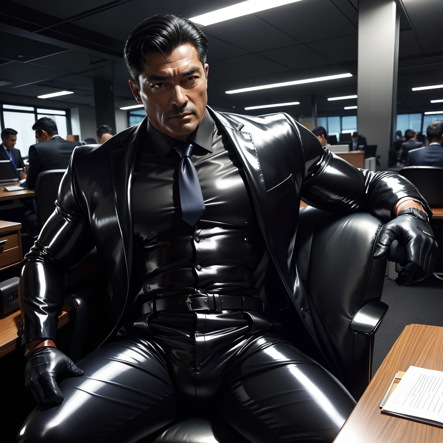 50 years old,daddy,shiny suit ,dad sit down on chair,k hd,in the office,big muscle, gay ,black hair,asia face,masculine,strong man,the boss is,handsome,sex,leather gloves,lecherous dad,look straight ahead,Dad is erection,dad is handsome