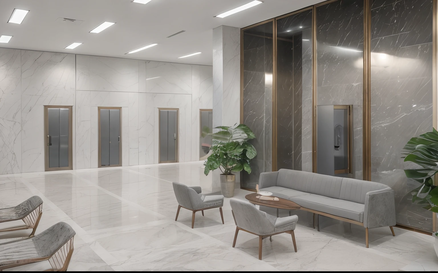 RAW photo, subject, 4k uhd, dslr, soft lighting, high quality, film grain, Fujifilm XT3
interior, waiting area office,(panel led light :1.2), marble tile floor, white wall, (grey aluminium curtain wall mullion:1.1), interior plant, (marble wall elevator:1.2),