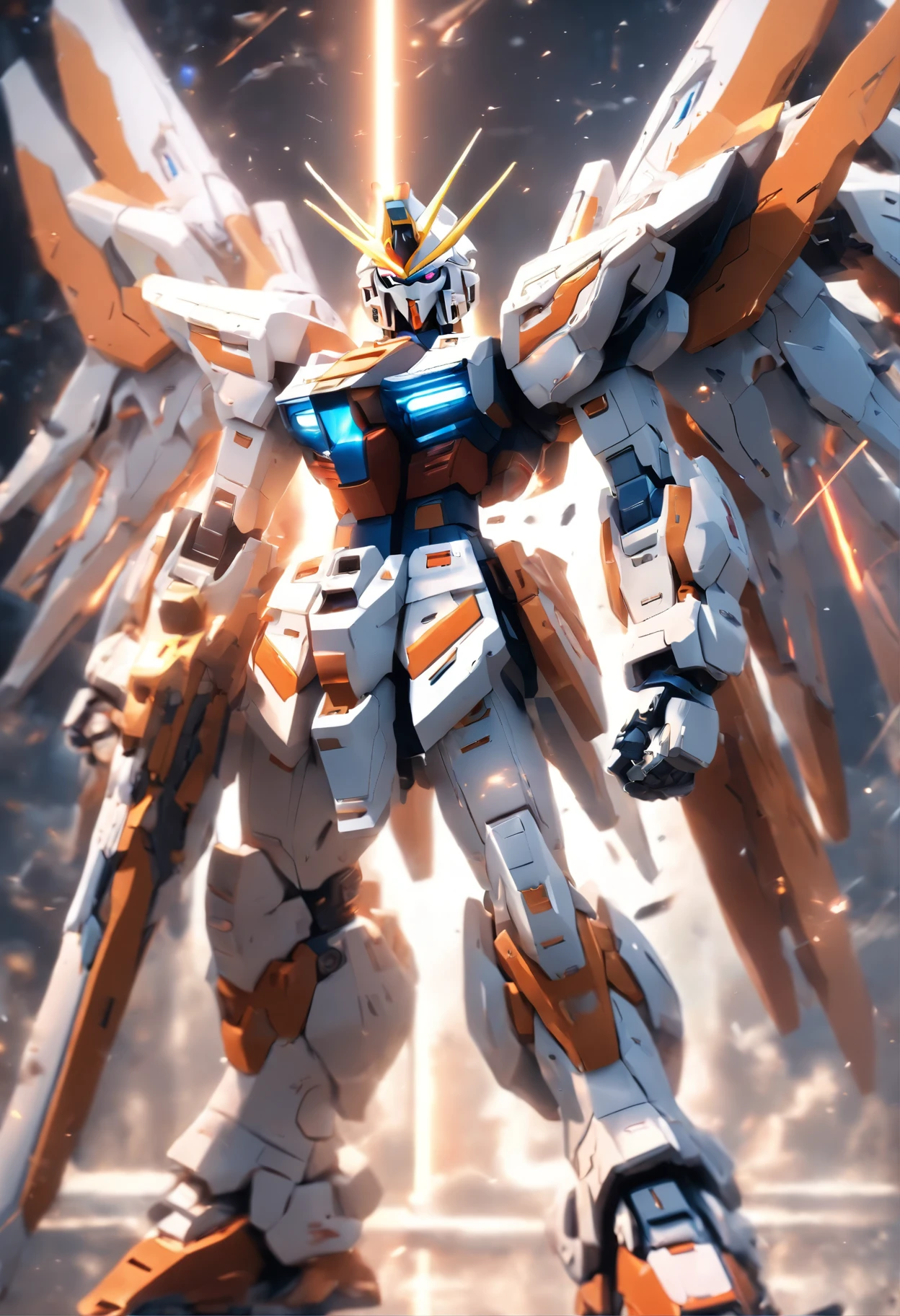 Dynamic photography,fuji, longexposure, a white and orange Gundam mecha,in the style of Gundam,spread the wings,lensperspective with a sense of story, displayed in afighting posture, dispersion,feature article,studioenvironment,fighting posture,soft ambient light,with high-definition details, metallic textureand tension composition, ultra realistic, C4D, OCRender, 3D,ultra HD16k, --ar 3: 4--niji 5