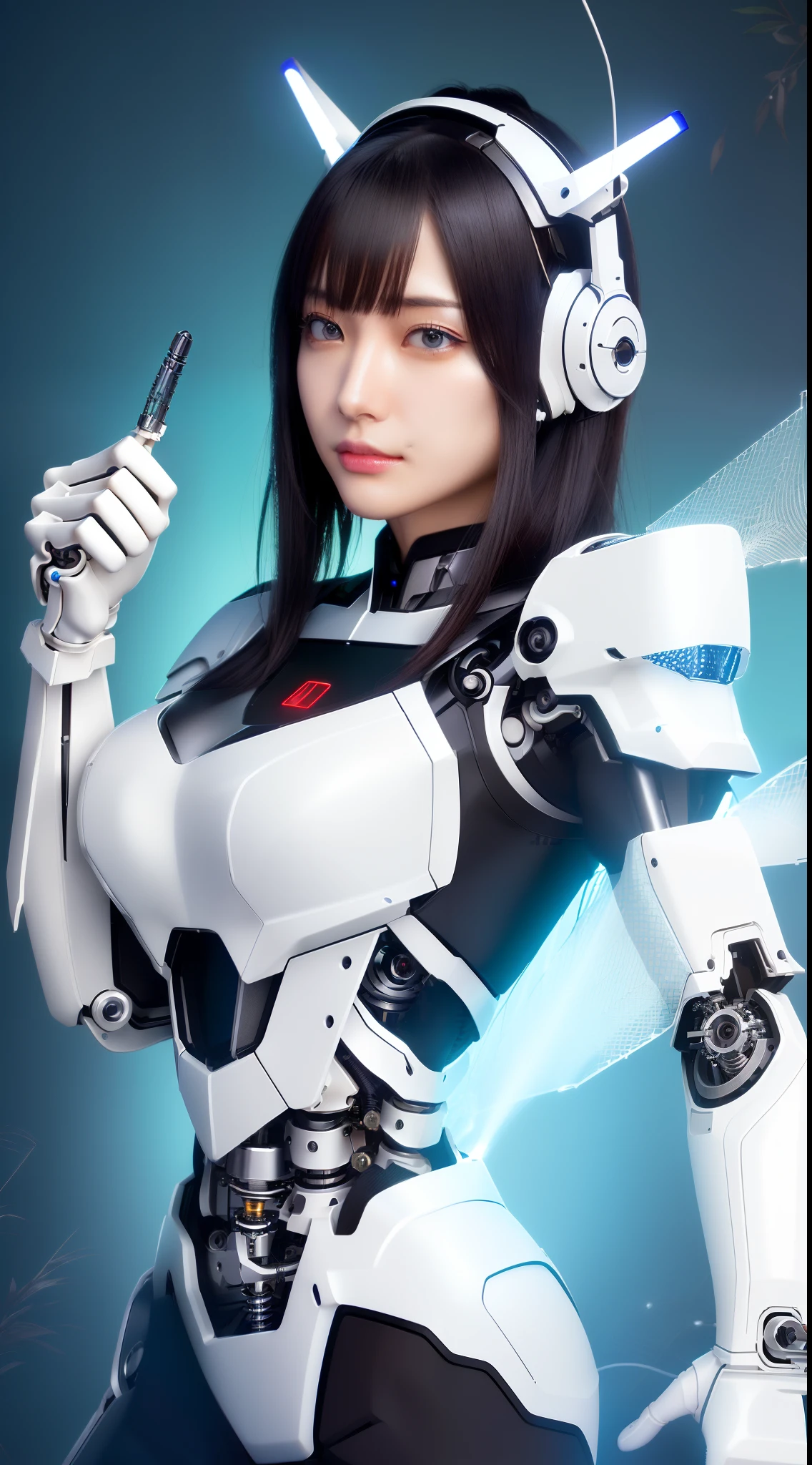 ((masutepiece)), ((top-quality), high quarity、ultra-definition, Realistic,  (Ultra-fine face)、fulcolor 、scientific fiction、Beautiful robot woman、droid、((Mechanical joints))、Machine body、(((machine components)))、White porcelain mechanical armor、((Curvaceous face))、(Ultra detailed eyes)、thin mouth、deadpan、straight haired、(((Electronic substrate)))、Machine Gloves、(Antenna Sensor Headgear)