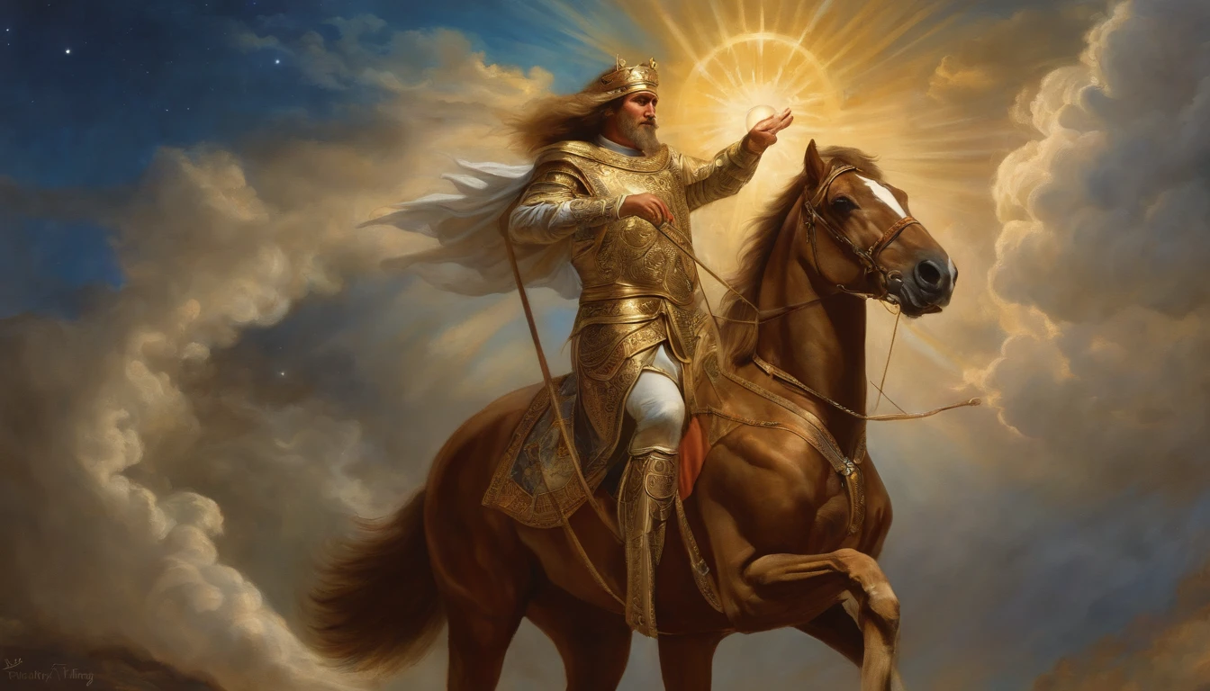 Illustration of a man riding a horse with a halo on his head, making: Marty Klavine, Tarot Card Chariot, The God Emperor of Mankind, Inspired by Marty Klavine, The god king of AI art, The King of Kings, by Joseph Stella, Marty Clavin and Moebius, ( ( The god king of AI art ) ), Donald Trump as a Knight, Michael Hoss