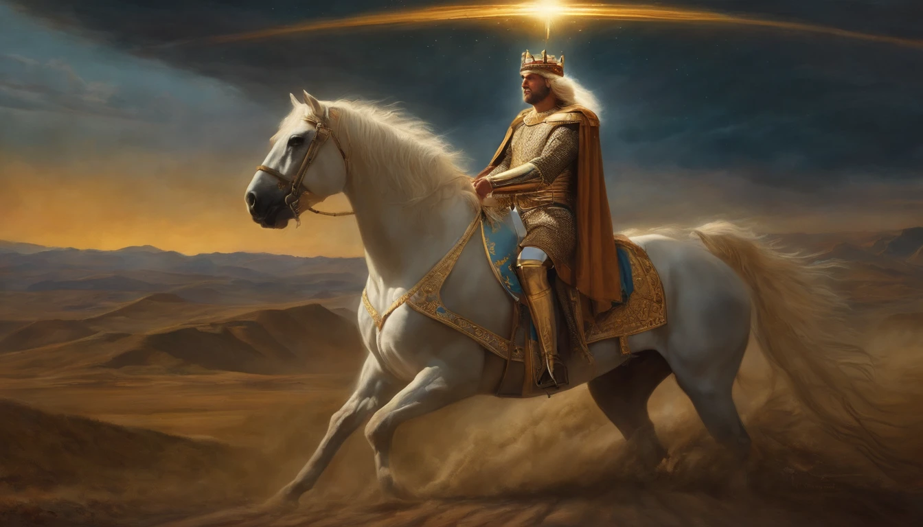 Illustration of a man riding a horse with a halo on his head, making: Marty Klavine, Tarot Card Chariot, The God Emperor of Mankind, Inspired by Marty Klavine, The god king of AI art, The King of Kings, by Joseph Stella, Marty Clavin and Moebius, ( ( The god king of AI art ) ), Donald Trump as a Knight, Michael Hoss