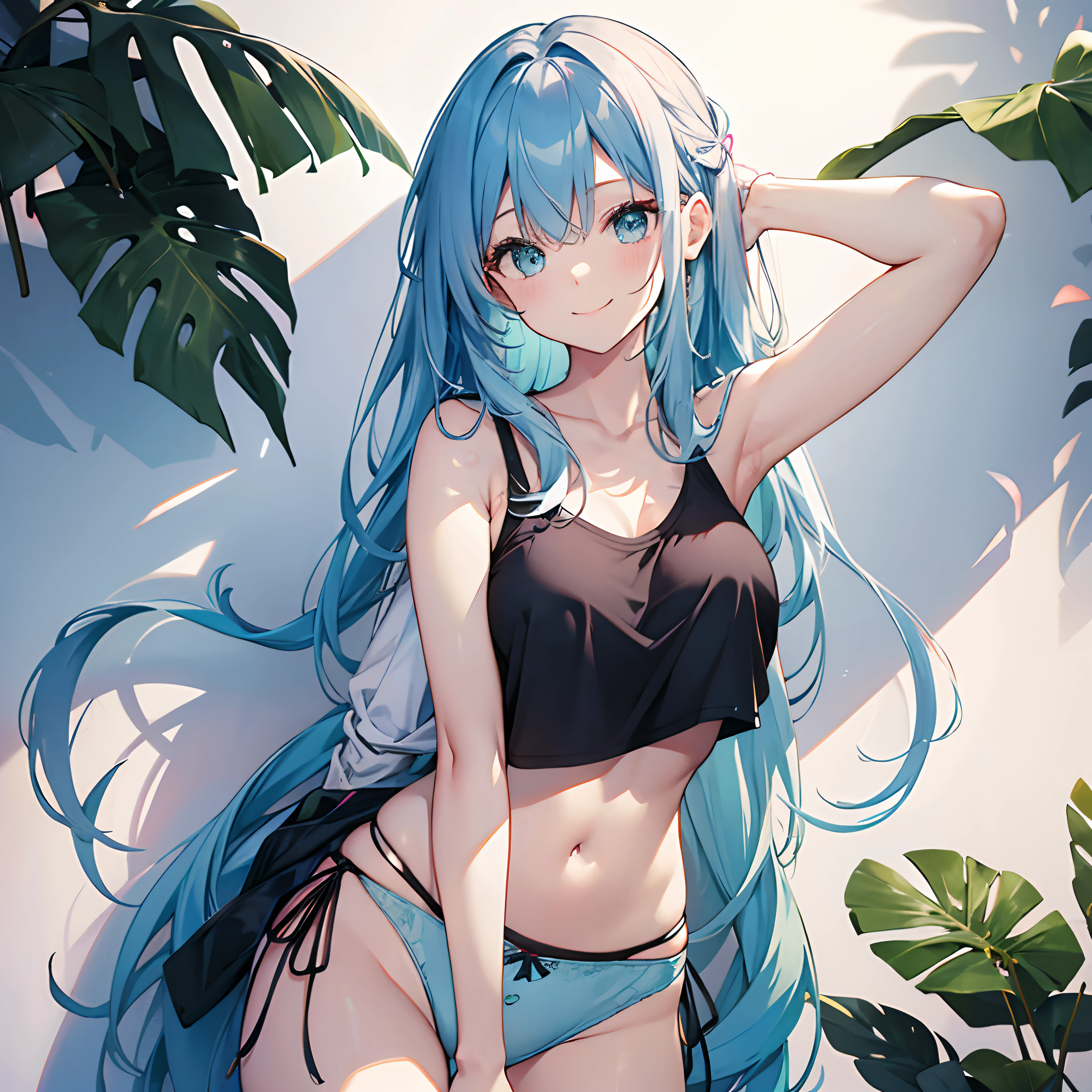Woman with long blue hair standing、 white wall with pink and green ink, One Woman、age19、large full breasts、String panties、Black underwear、white tank tops、A smile、Black jeans