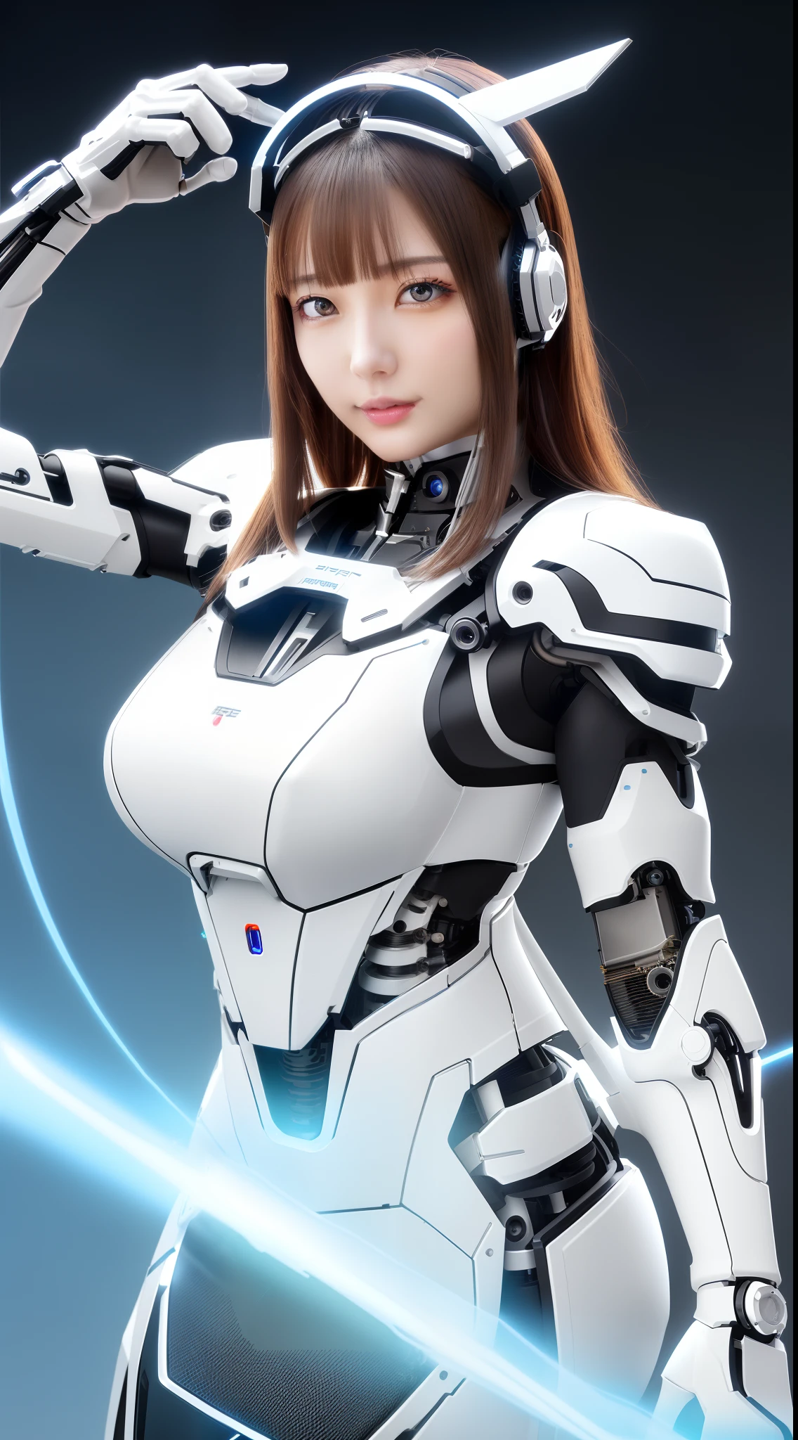 ((masutepiece)), ((top-quality), high quarity、ultra-definition, Realistic,  (Ultra-fine face)、fulcolor 、scientific fiction、Beautiful robot woman、droid、((Mechanical joints))、Machine frame、((machine components))、White porcelain mechanical armor、((Curvaceous face))、(Ultra detailed eyes)、thin mouth、deadpan、straight haired、(((Electronic substrate)))、Machine Gloves、Antenna Sensor Headgear