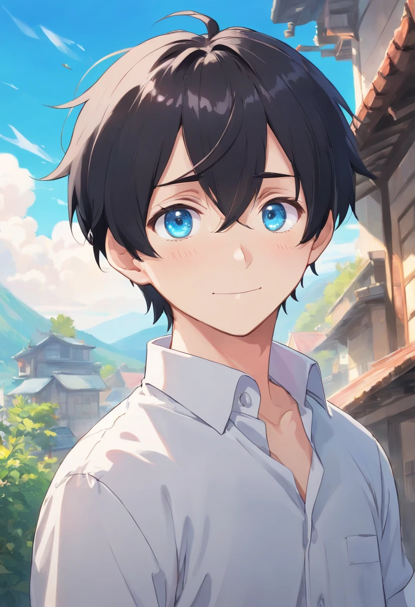tearful smile,white backgrounid,Black hair, Anime style, Character Chart, One-person viewpoint,white shirt,anime boy, young anime man, anime moe art style, Anime Boy, Smooth Anime CG Art, Male anime style, artwork in the style of guweiz, A cute boy,rainbows,Anime portrait of a handsome man, digital anime illustration, Short anime guy with blue eyes, male anime characters, boy has short black hair,nffsw,