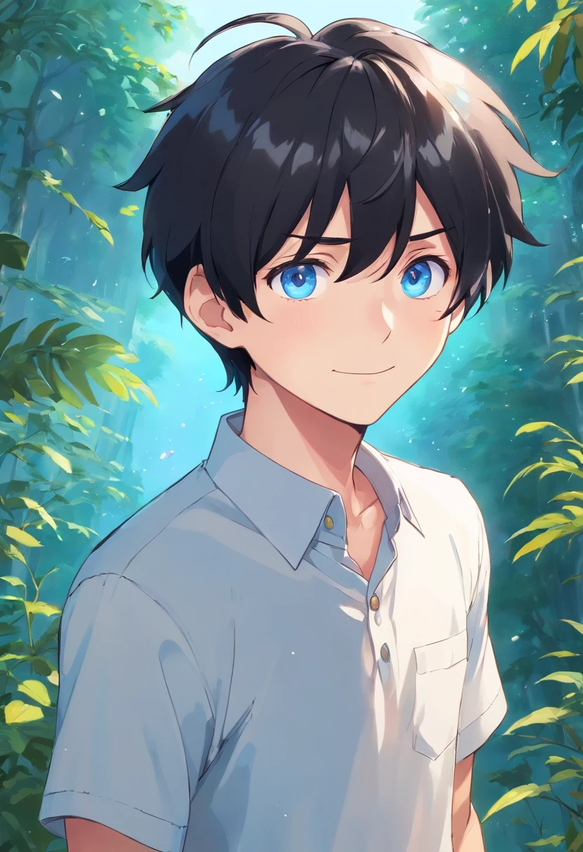 tearful smile,white backgrounid,Black hair, Anime style, Character Chart, One-person viewpoint,white  shirt,anime boy, young anime man, anime moe art style, Anime Boy, Smooth Anime CG Art, Male anime style, artwork in the style of guweiz, A cute boy,rainbows,Anime portrait of a handsome man, digital anime illustration, Short anime guy with blue eyes, male anime characters, boy has short black hair,nffsw,