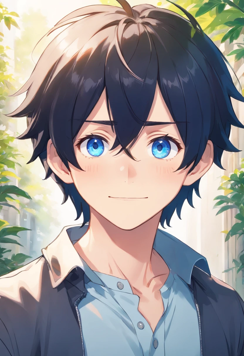 tearful smile,white backgrounid,Black hair, Anime style, Character Chart, One-person viewpoint,white  shirt,anime boy, young anime man, anime moe art style, Anime Boy, Smooth Anime CG Art, Male anime style, artwork in the style of guweiz, A cute boy,rainbows,Anime portrait of a handsome man, digital anime illustration, Short anime guy with blue eyes, male anime characters, boy has short black hair,nffsw,