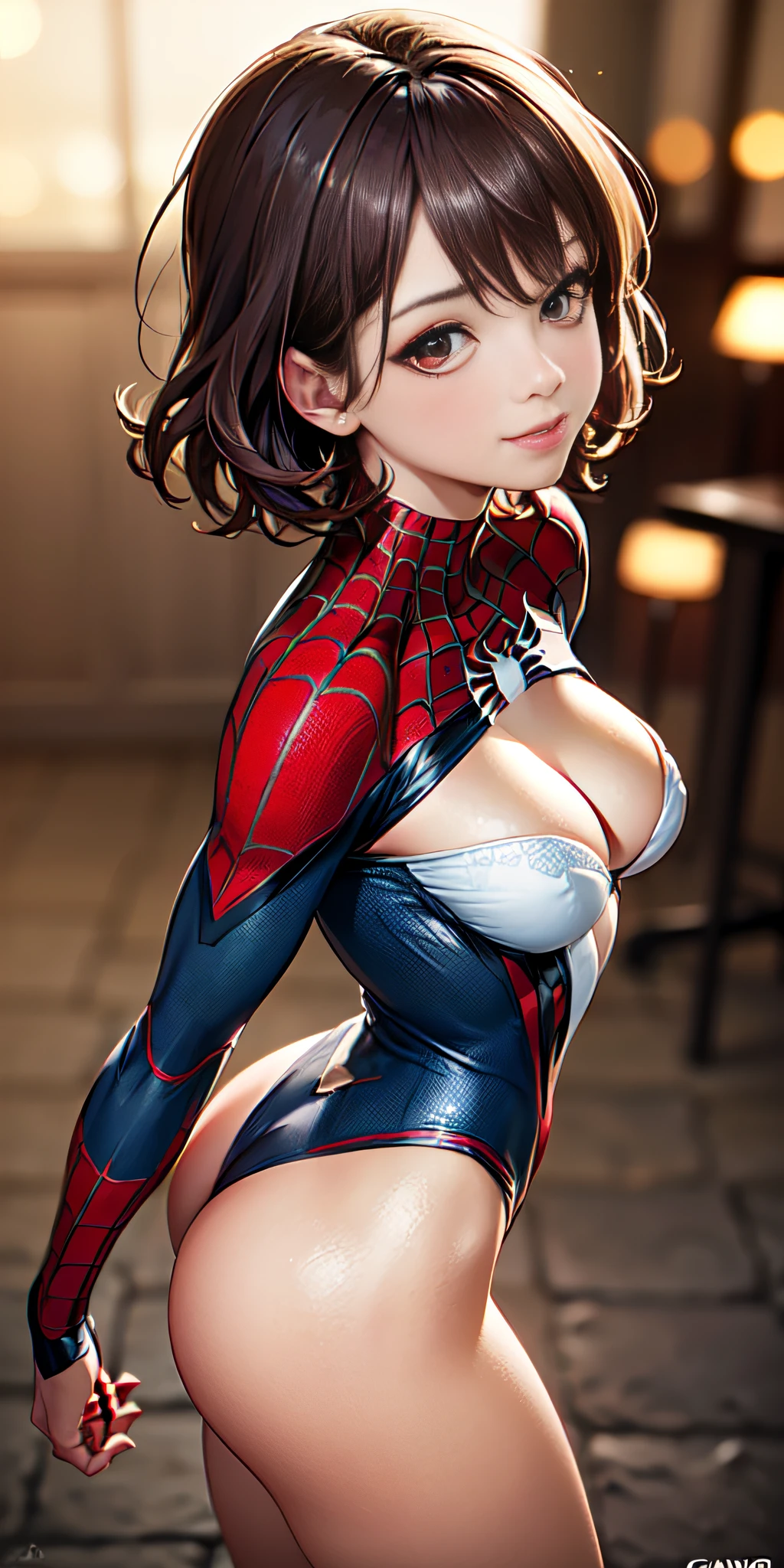 (cowboy shot, looking up), (spider-man suit), nsfw, front view, best quality, masterpiece, movie grain, filmg, solo1girl, looking at viewer, natural skin texture, realistic intricate details of eyes and face, full lips, (makeup), red eye shadow, short fluffy hair, messy hair, smile, closed mouth, beautiful legs, tall woman, skinny, slim_legs, alone, huge chest, cleavage, ((pose: front to you), beautiful nature location, around flower location, (detailed background), cleavage, Show a small cleavage through the shirt, blurred background, blurry, depth of field, rear side solar lighting, canon eos 50mm camera