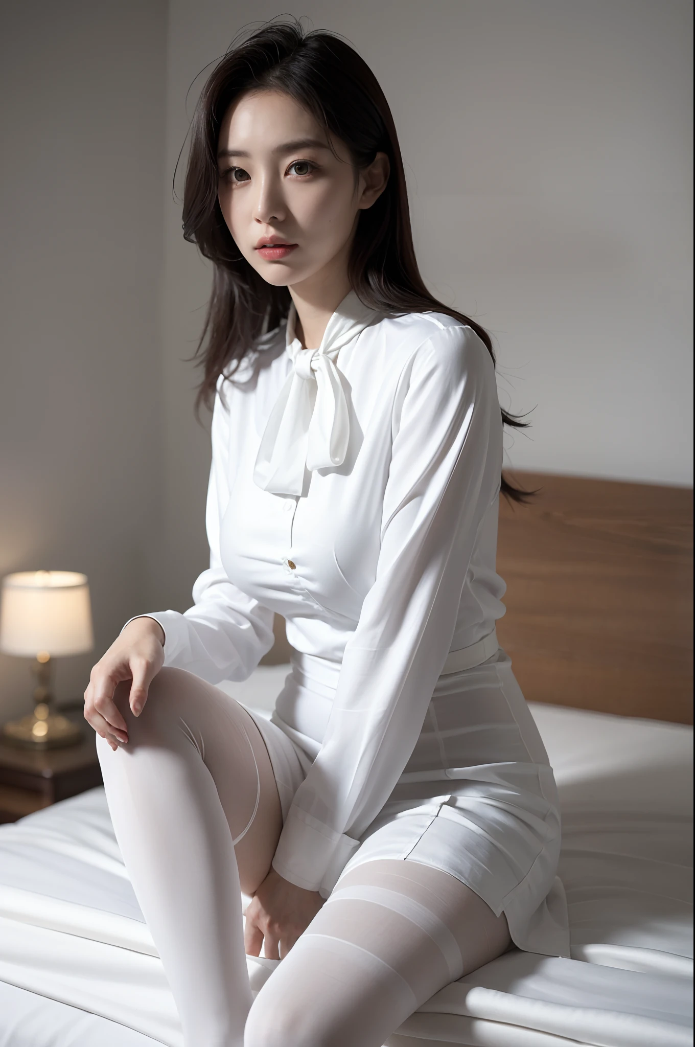 Beautiful Mature Woman VN02, 44 year old beautiful mature woman in white shirt and skirt sits, Wearing a blouse, (Wear ultra-realistic pantyhose), Wearing ((Sukesuke Silk Blouse:1.4)), Wearing a white blouse, fine white shirt, White blouse, white silky outfit, Smooth white tight clothes suit, loose - fitting blouses, in a white shirt, korean female fashion model, wearing white outfit, wearing white silk, cream colored blouse, in a white shirt, Luxury high heels、Sit on the bed with your legs stretched、Looking up at the camera on the ceiling、profetional lighting、Studio Lighting、realistic skin textures、shinny skin、