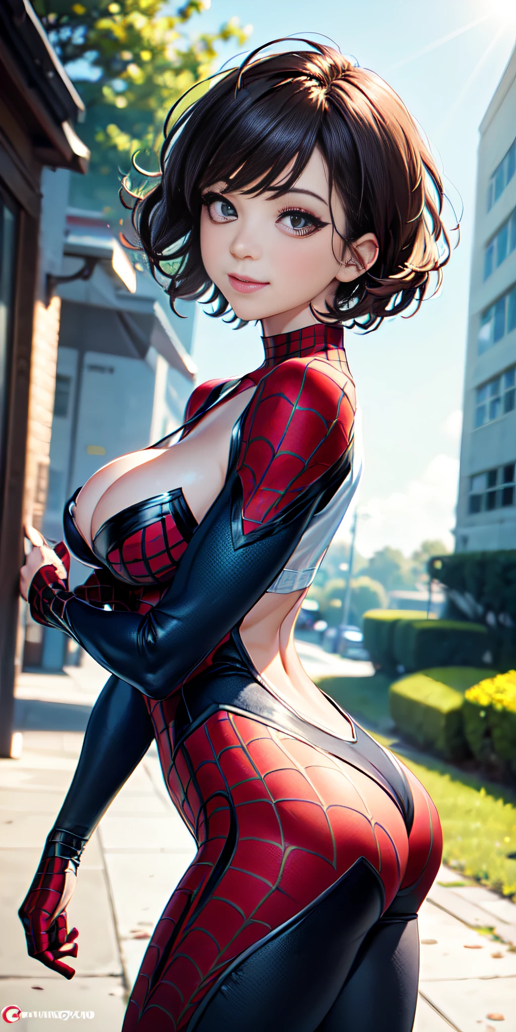 (cowboy shot, looking up), (spider-man suit), nsfw, front view, best quality, masterpiece, movie grain, filmg, solo1girl, looking at viewer, natural skin texture, realistic intricate details of eyes and face, full lips, (makeup), red eye shadow, short fluffy hair, messy hair, smile, closed mouth, beautiful legs, tall woman, skinny, slim_legs, alone, huge chest, cleavage, ((pose: front to you), beautiful nature location, around flower location, (detailed background), cleavage, Show a small cleavage through the shirt, blurred background, blurry, depth of field, rear side solar lighting, canon eos 50mm camera