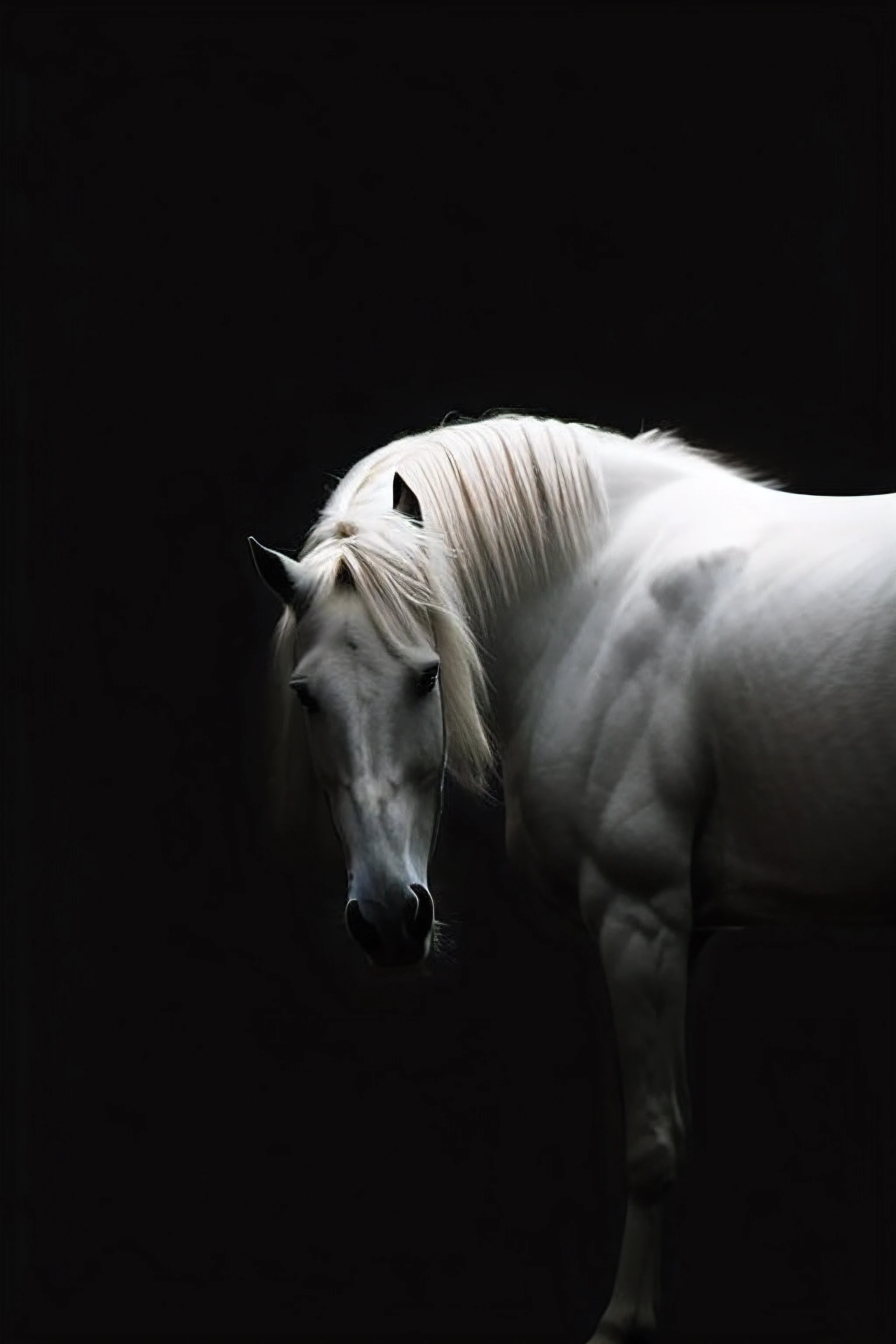 Arakfi in the dark，The image of the horse is blurry, author：Elmir de Horry, an all white horse, half horse, White horse, cavalos, beautiful serene horse, flora borsi, author：Muriel Brandt, albert watson, author：Shinji Aramaki, photography of albert watson, Bella Naji Abdi