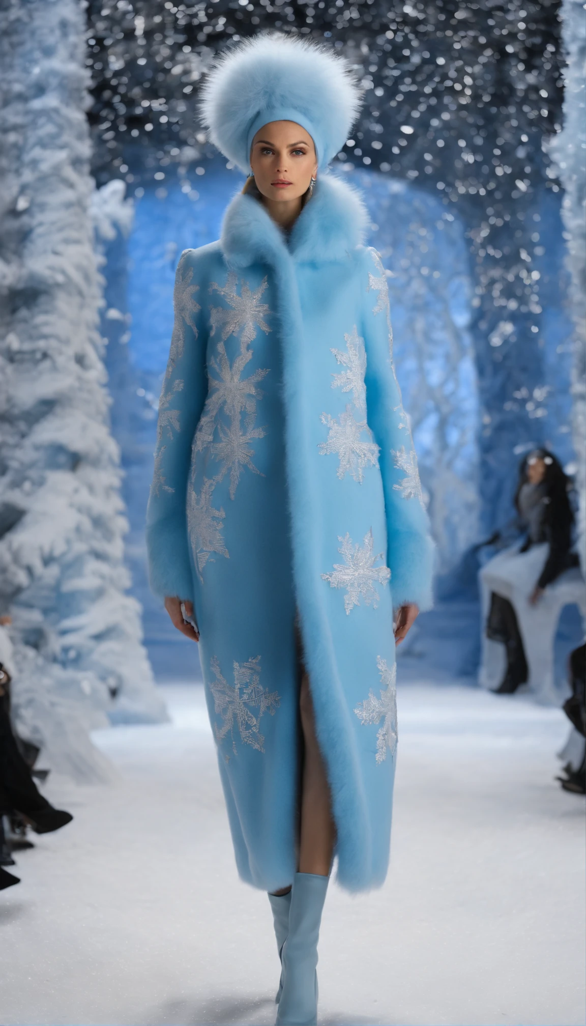 A woman in a blue dress and wool fleece coat walks on the catwalk, Sky blue thick wool felt coat, icey blue dress, goddess of winter, Winter queen, winter princess, Blue drapery in winter, Fall/winter 2015-2016, Blue fur, sky-blue thick fur robes, Ice Queen, Inspired by Igor Kufaev,(Snowflakes in the background:1.2) (Snowflakes in the background, wave,stars,), inside in room:Catwalk scene, Long-range shooting.