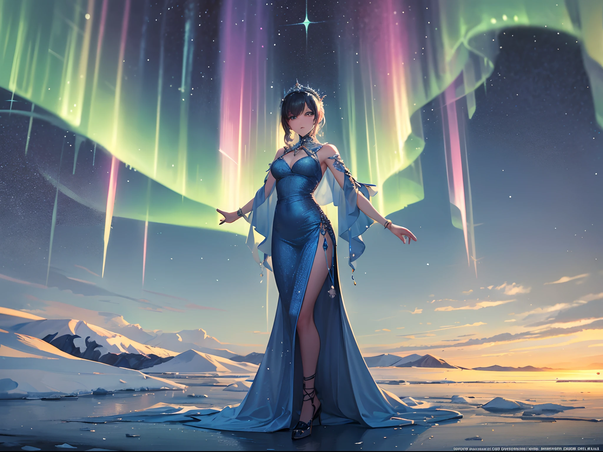 outfit design,(Best Quality), (masutepiece:1.3), (Photorealistic:1.36), (Realistic), Ultra-detailed, (a panoramic view, Wide Shot, Landscape Center, Distant perspective):1.4. Beautiful woman in intricate delicate design dress, Walk through the freezing ice field. The ice queen, a crown with the intention of evoking the image of ice, and a dress in colors that seem to reflect the image of the Northern Lights, Fantastic Northern Lights in the Sky, With a sky full of stars. Beautiful face and glowing colorful eyes. A land of ice that seems to reflect the faint light of the Northern Lights. Detailed description and bright colors. Gorgeous images in high quality.