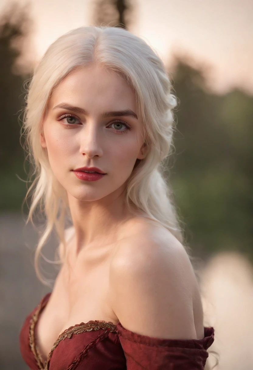 (((a deep reddish wound crosses her left cheek))) fair complexion, woman around 19 years old, natural white hair, distinctive green eyes, huge breasts, topless, nude, nsfw, milk on chest, milk on breasts, not wearing anything, slender and graceful, beautiful, candlelight in a medieval setting, ultra sharp focus, realistic shot, tetradic colors (scar:1.4)