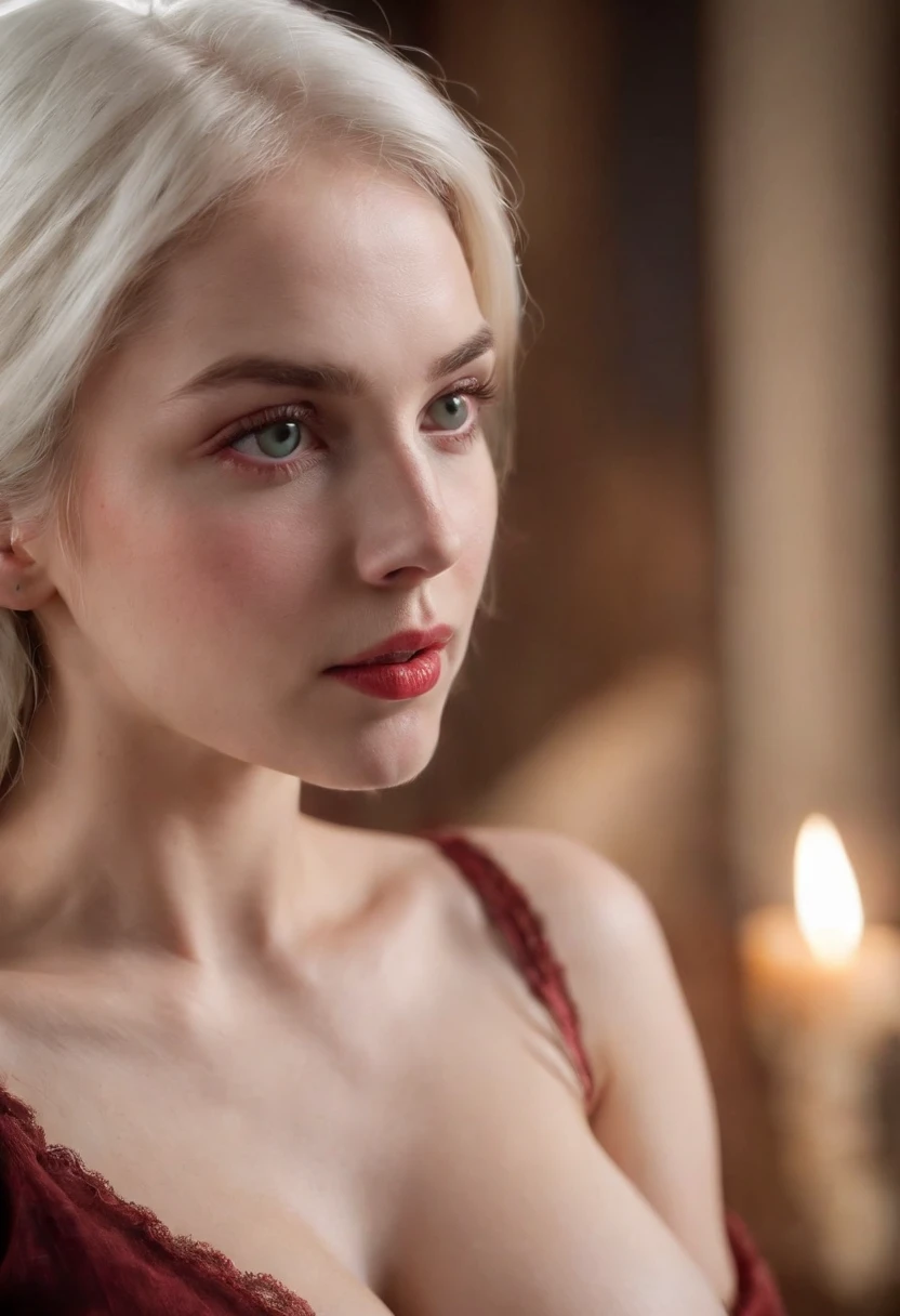 (((a deep reddish wound crosses her left cheek))) fair complexion, woman around 19 years old, natural white hair, distinctive green eyes, huge breasts, topless, nude, nsfw, milk on chest, milk on breasts, not wearing anything, slender and graceful, beautiful, candlelight in a medieval setting, ultra sharp focus, realistic shot, tetradic colors (scar:1.4)