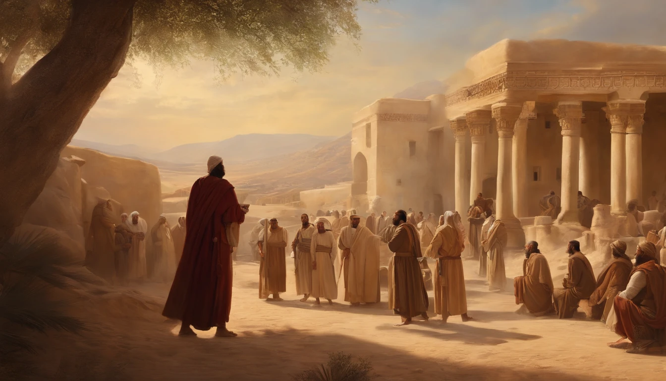 Jeremiah calls the Israelites to repentance, The Cry of the Prophet,Gatherings with large numbers of people, papyrus,Weathered parchment,Old gowns,,History reference,High-quality artwork and details,Realistic portrait style,Subtle color palette,vibrant background,natural textures,Deep Shadows,Subtle highlights,Historical accuracy,meticulous attention to detail,Emotional depth and intensity,Authentic Representation,Thought-provoking,Spiritual atmosphere,A Sense of Ancient Wisdom,Profound impact