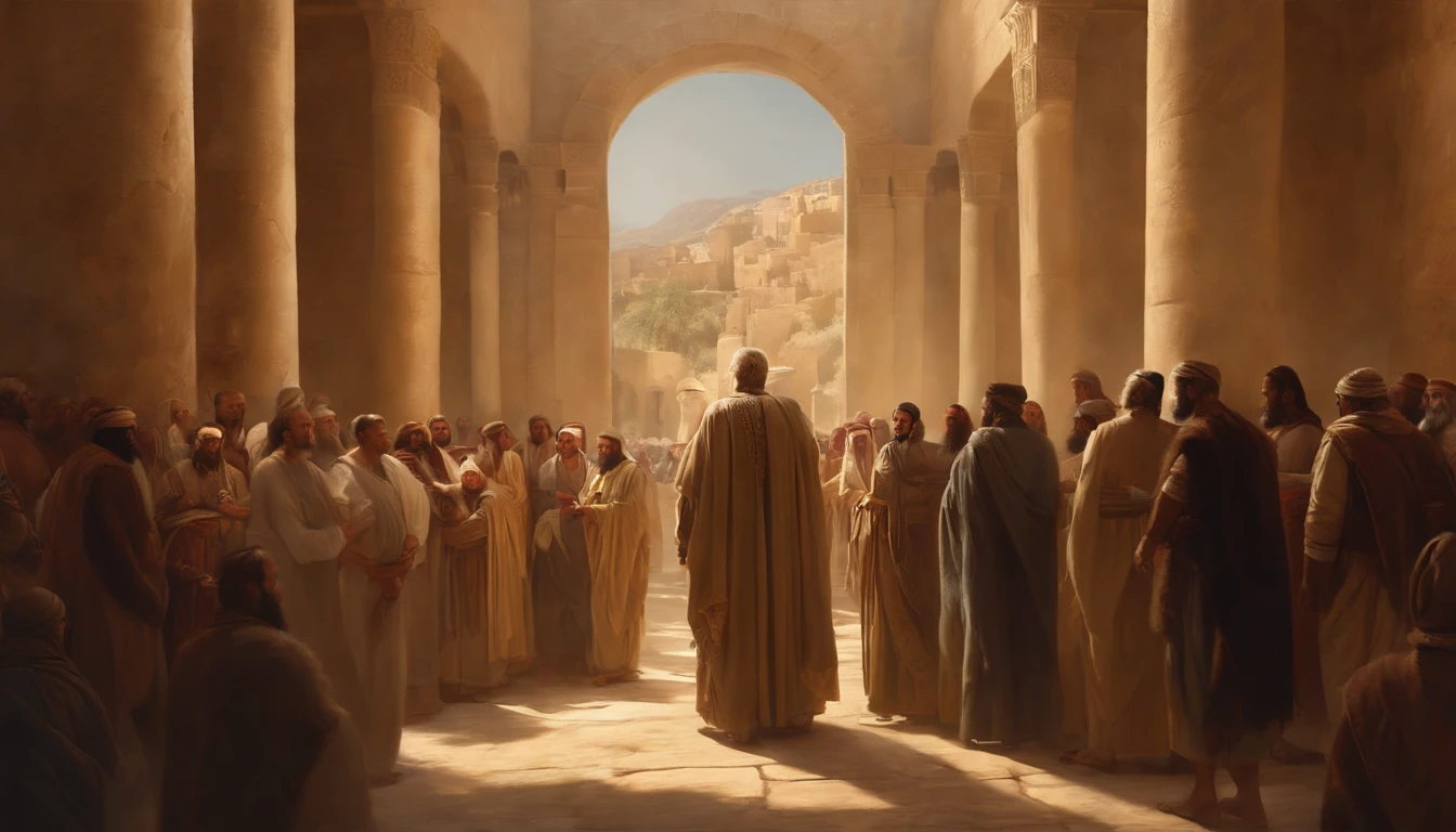 Jeremiah calls the Israelites to repentance, The Cry of the Prophet,Gatherings with large numbers of people, papyrus,Weathered parchment,Old gowns,,History reference,High-quality artwork and details,Realistic portrait style,Subtle color palette,vibrant background,natural textures,Deep Shadows,Subtle highlights,Historical accuracy,meticulous attention to detail,Emotional depth and intensity,Authentic Representation,Thought-provoking,Spiritual atmosphere,A Sense of Ancient Wisdom,Profound impact