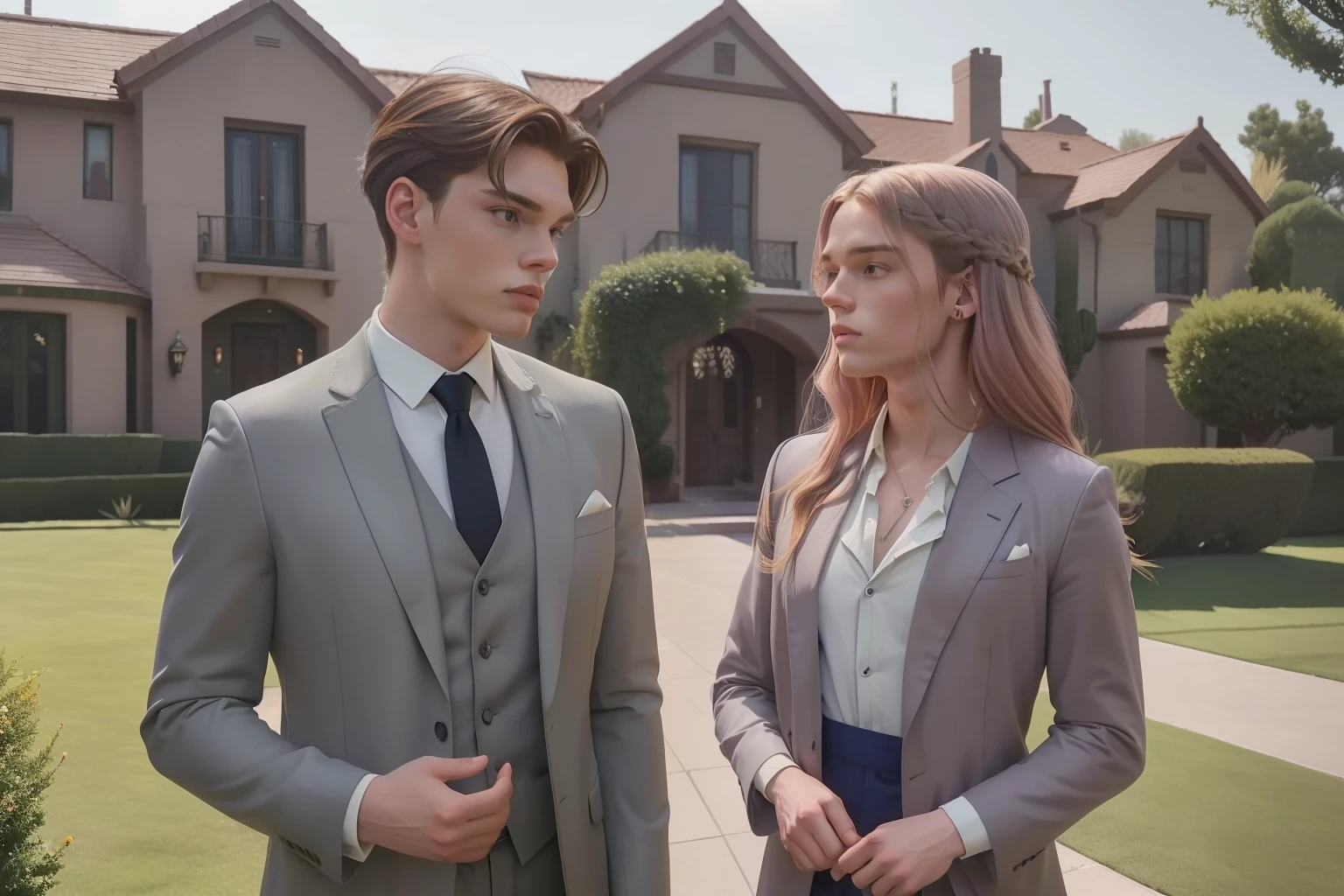 year: 2023. Location: Phoenix. Pre-Raphaelite scene with a 21-year-old Dominic Sherwood in an grey suit, talking to Emma Myers, in front of a big house, ((((casual Clothing from the 2020s)))) ((Hairstyle of the 2020s)), pastel colors, (((cinematic style)))