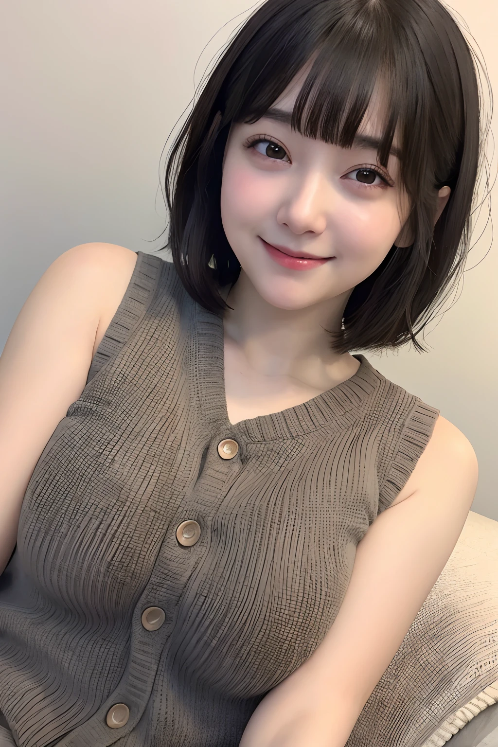 Photo Real、photoRealstic、girl1　A dark-haired、short-hair、Blunt bangs　with round face、drooing eyes、a baby face　Laughing expression、Facial expressions to enjoy、Have fun　Oversized knit vest　Soft thighs、large full breasts、upper arm　Background with、城市
