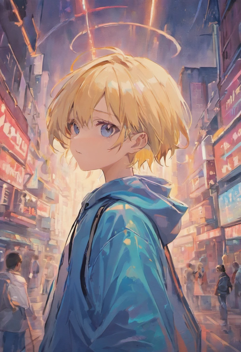 (tmasterpiece), (best qualtiy), (ultra - detailed), A young man with short blue white gradient hair,blue eyes, Wears a white hood,wear blue headphones, wear round transparent glasses, wear music note earrings front look, look at viewer, The upper part of the body, city, Flowingcolors, mostly cloudy sky,