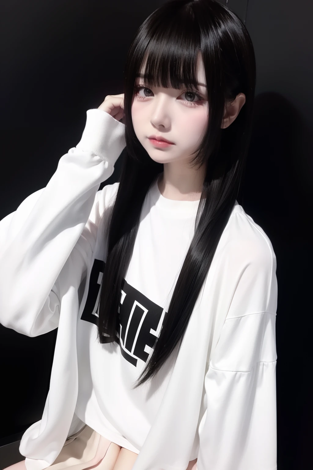 top-quality、8K、32K、masterpiece、nffsw:1.2)、1girl in、One girl with long hair、Two beautiful Japan women、A dark-haired、Heavy bangs、long sleeved shirt、White high neck shirt &Black mini pleated skirt、White wall background