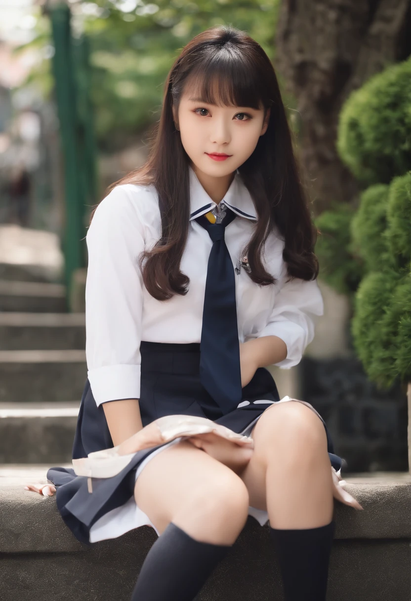 top-quality、hight resolution、ultra-detailliert、masterpiece、Raw photography、realisitic、Photorealistic, Very delicate and beautiful、finely detail、1womanl、(Super beautiful)、(beauitful face:1.5)、Clear pubic contours、Sit down、Spread your legs、(White panties that bite into:1.4)、(water from vaginal:1.3)、Show off、(high-school uniform)、(Dark blue pleated skirt)、(Wear black loafers)、seducting smile、red blush