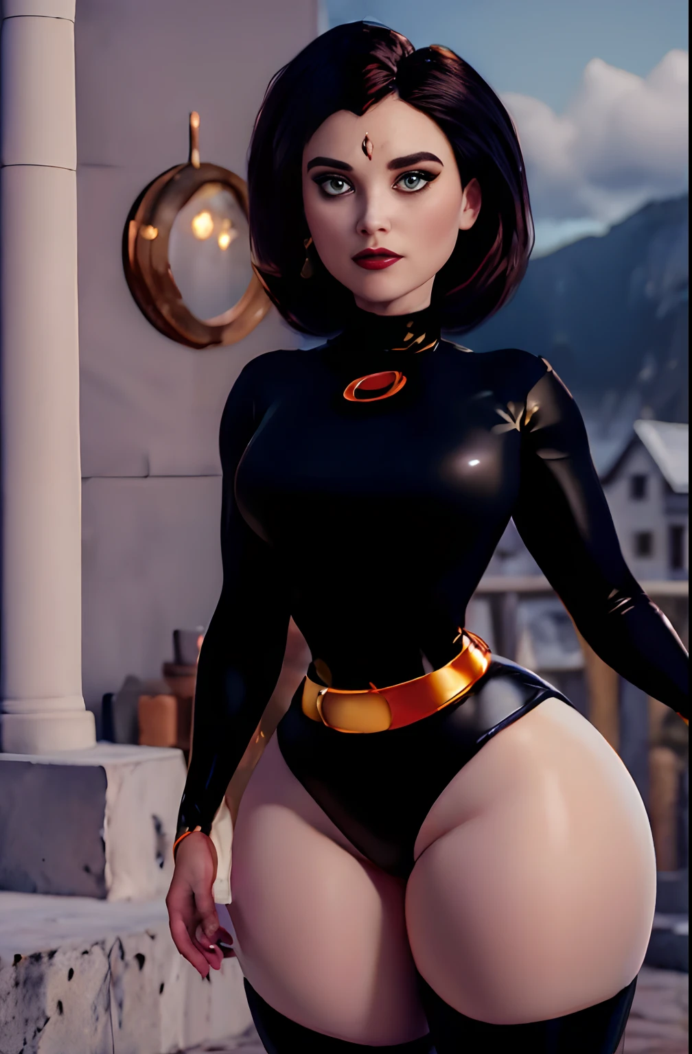 cowboy shot of  helenparr as rvn, hotraven, beautiful face, detailed face, pale skin, black leotard, turtleneck, outrageously sexy, tights, wide hips, gold belt, jewels, medallion, athletic, looking at viewer, night, dark temple,  best quality, masterpiece, intricate details, sharp focus, hyper detailed, realistic