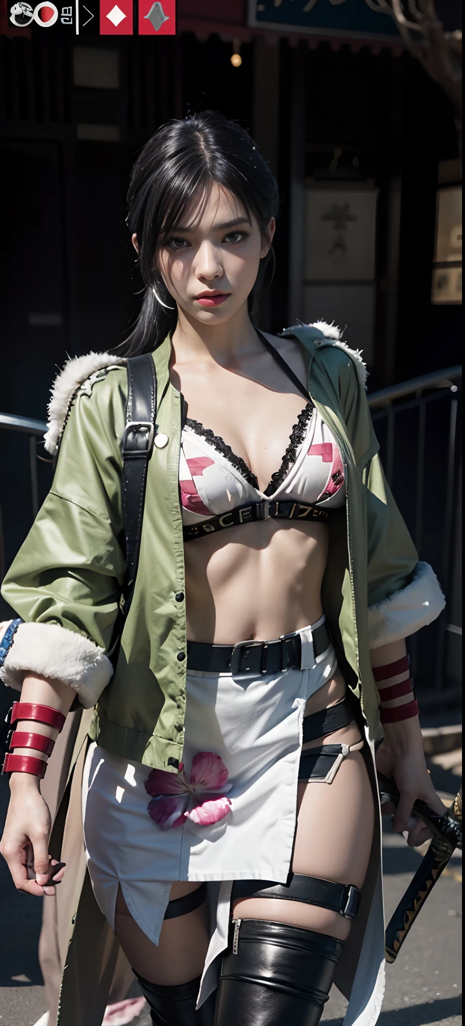 a close up of a person in a costume with a sword, as a character in tekken, female character, tifa lockhart with white hair, katana zero video game character, lunar themed attire, kda, slim body, cyborg - girl with silver hair, upper body avatar, (( medium breast;1.2)), fashion gameplay screenshot, fighting game character, new character, floralpunk elysian maiden, sigma female