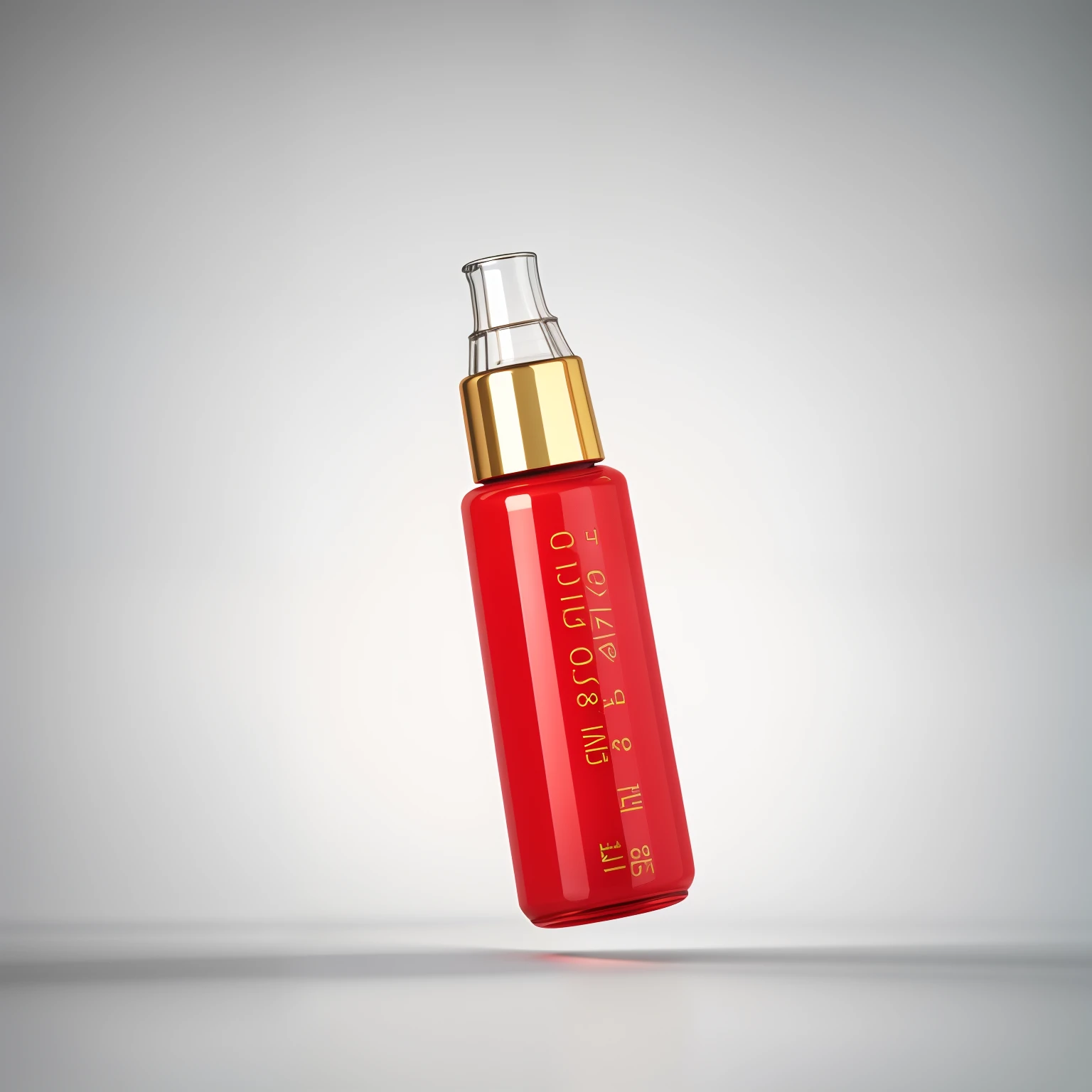 A close-up of a red liquid bottle with a golden lid, red realistic 3 d render, high quality topical render, 3 d product render, Red liquid, clean 3 d render, flask, Product photography 4 K, red glowing skin, vibrant vials, miniature product photo, smooth 3d cg render, ctane 3 d rendered, 3d blender render
