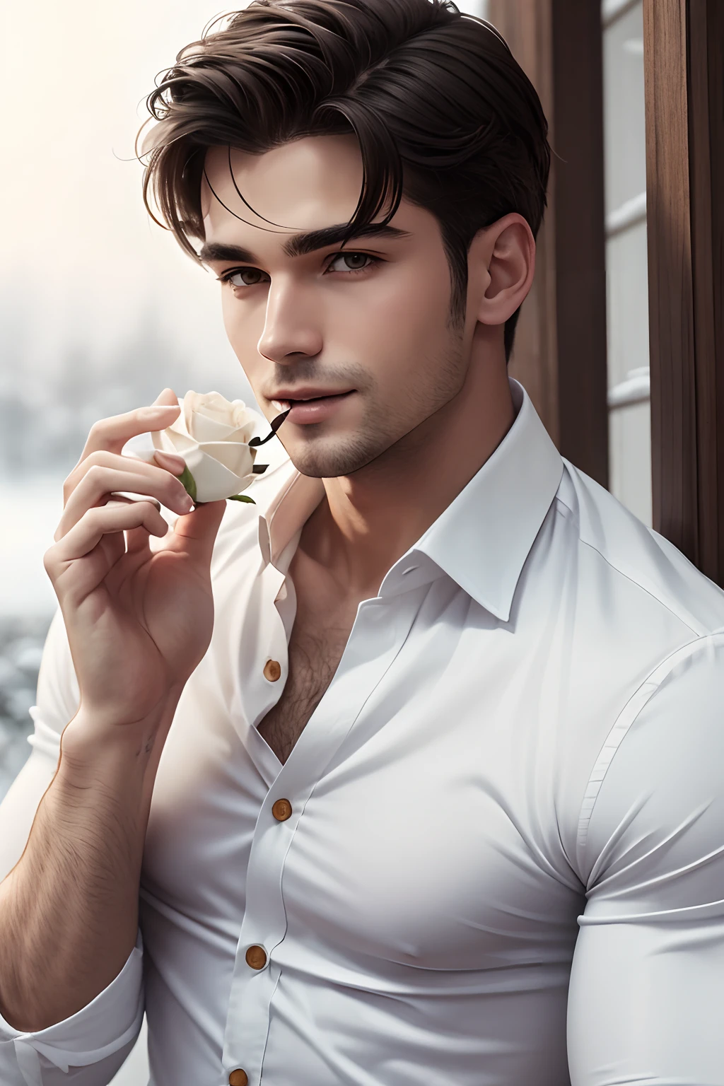 Jock in a snow-white unbuttoned shirt with a rose in his teeth