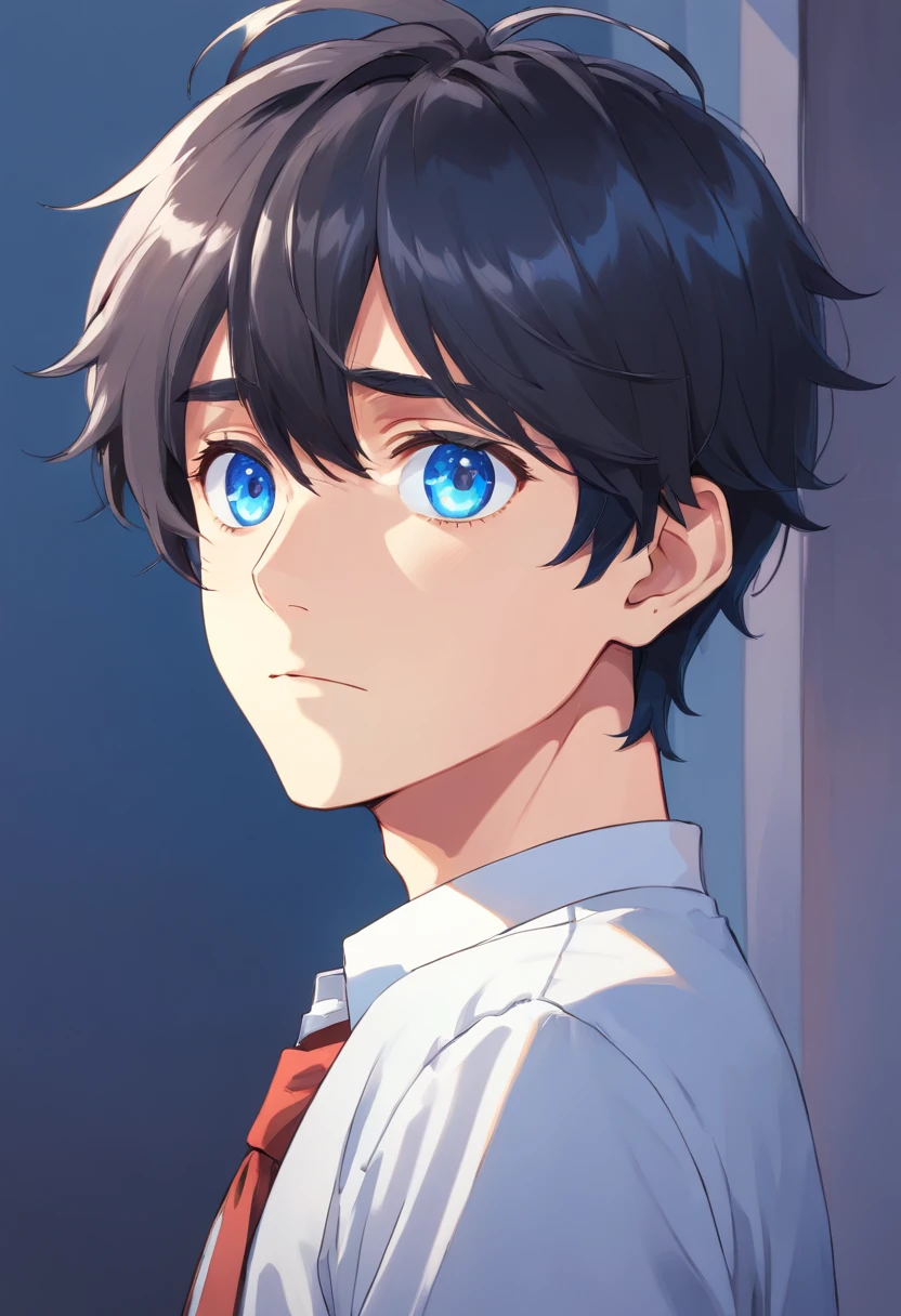 sorrowful gaze,White room background,Black hair, Anime style, Character Chart, One-person viewpoint,white shirt,Anime Boy, young anime man, anime moe art style, Anime Boy, Smooth Anime CG Art, Male anime style, artwork in the style of guweiz, A cute boy,rainbows,Anime portrait of a handsome man, digital anime illustration, Short anime guy with blue eyes, male anime characters, boy has short black hair,nffsw,