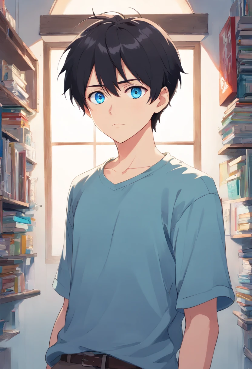 sorrowful gaze,White room background,Black hair, Anime style, Character Chart, One-person viewpoint,white  shirt,Anime Boy, young anime man, anime moe art style, Anime Boy, Smooth Anime CG Art, Male anime style, artwork in the style of guweiz, A cute boy,rainbows,Anime portrait of a handsome man, digital anime illustration, Short anime guy with blue eyes, male anime characters, boy has short black hair,nffsw,
