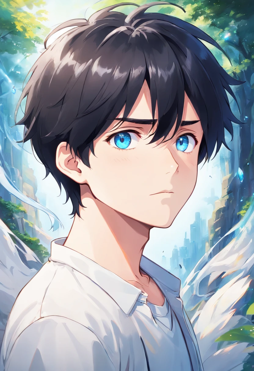 sorrowful gaze,White room background,Black hair, Anime style, Character Chart, One-person viewpoint,white shirt,Anime Boy, young anime man, anime moe art style, Anime Boy, Smooth Anime CG Art, Male anime style, artwork in the style of guweiz, A cute boy,rainbows,Anime portrait of a handsome man, digital anime illustration, Short anime guy with blue eyes, male anime characters, boy has short black hair,nffsw,