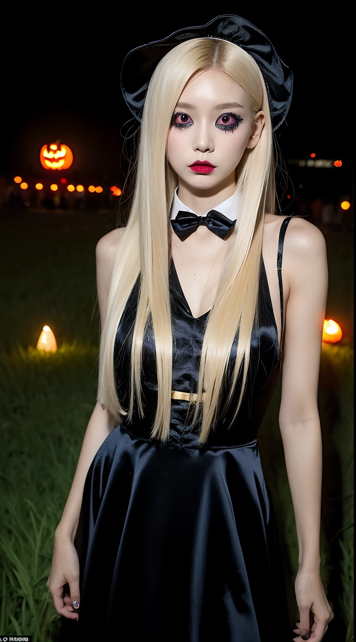 Girl in Halloween costume, blonde long hair, halloween dress, 90s, Striking a pose, natural make up, skinny girl, innocent, night in a grave