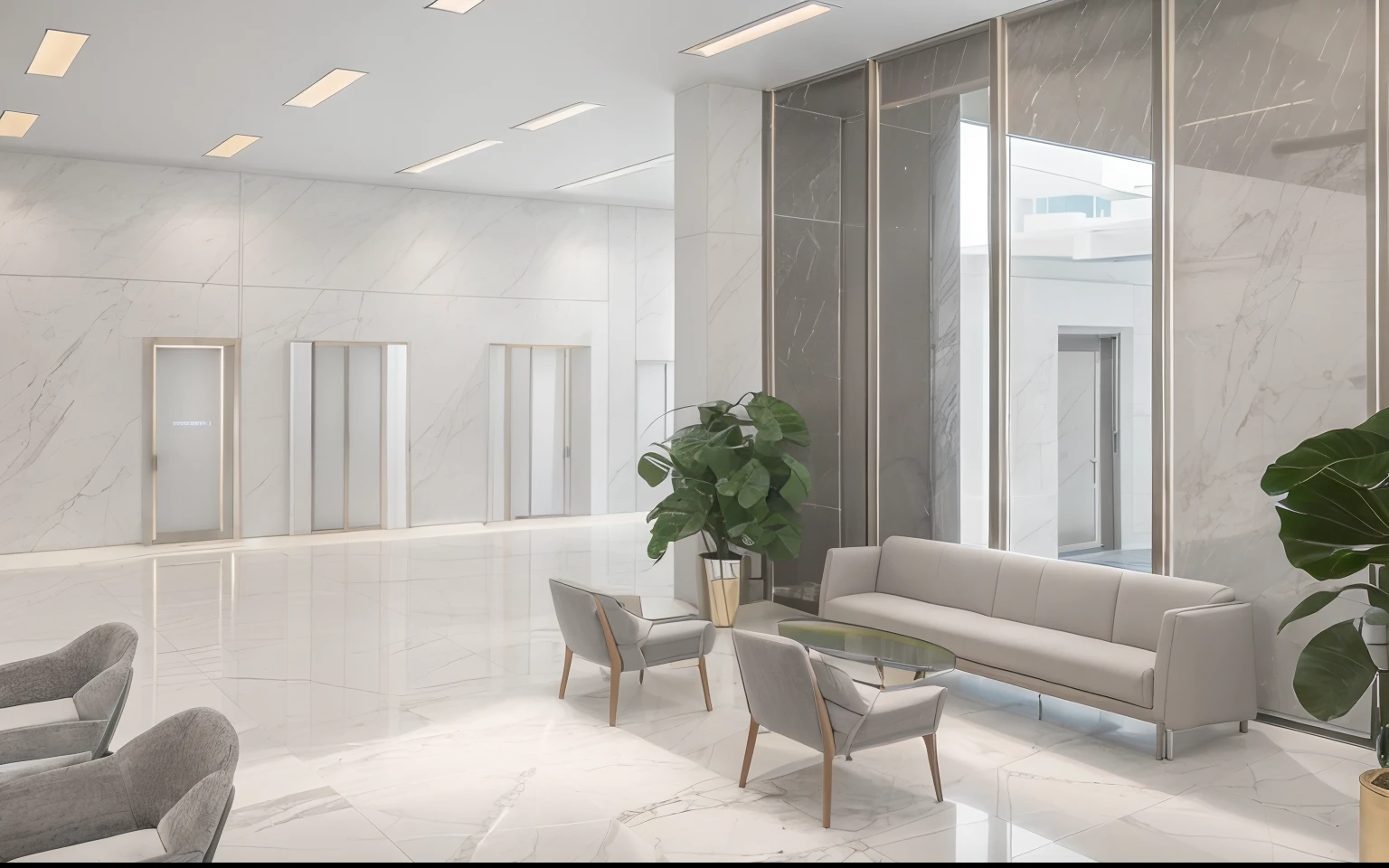 RAW photo, subject, 4k uhd, dslr, soft lighting, high quality, film grain, Fujifilm XT3
interior, waiting area office,(panel led light :1.2), marble tile floor, white wall, (grey aluminium curtain wall mullion:1.1), interior plant, (marble wall elevator:1.2), daylight