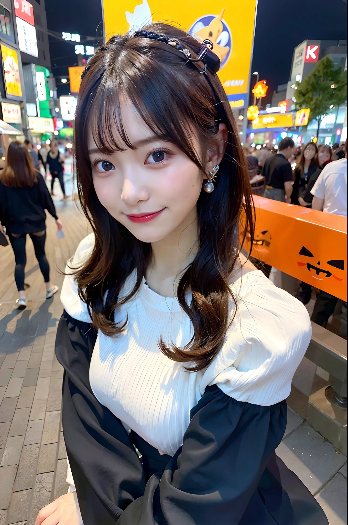 (top-quality、8K、32K、masuter piece、nffsw:1.2)、profile、(slim figure:1.2)、(s lips) 、age19、kawaii pose、Incredibly ridiculous、(Akihabara at night:1.3)、Halloween、Costume Party、Colossal tits、二重まぶた、shinny skin、Realistic rays、mare、beauitful face、(A smile:1.3)、crouching down、(From above:1.2)、(a closeup:1.4)、blurry backround、(Front Focus)、(Dark: 1.6)、Fantasy Art、photoRealstic、Professional Lighting、extra detailed face、Award-winning、deep-shadows