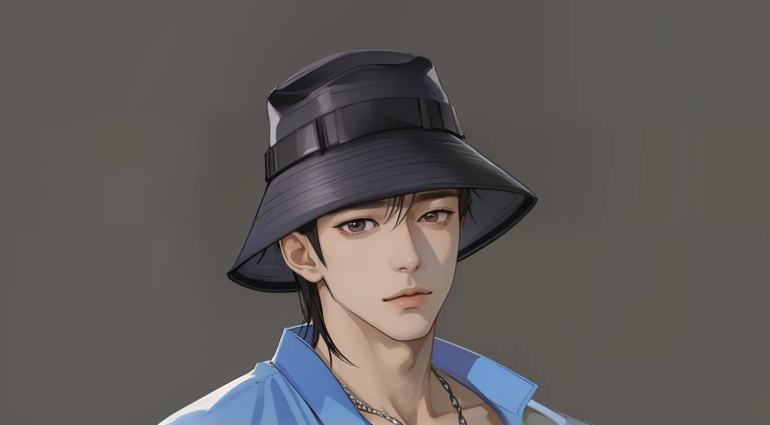 Araped image of a man wearing a hat and necklace, Inspired by Sim Sa-jeong, With a very delicate face, Bucket hat, He is wearing a hat, With a hat, Character with a hat, yayoi kasuma, portrait of jossi of blackpink, Accurate detail speed, Cyberpunk Accessories, Inspired by Jang Seung-oop;, goodlooking, Handsome, 8k, live-action