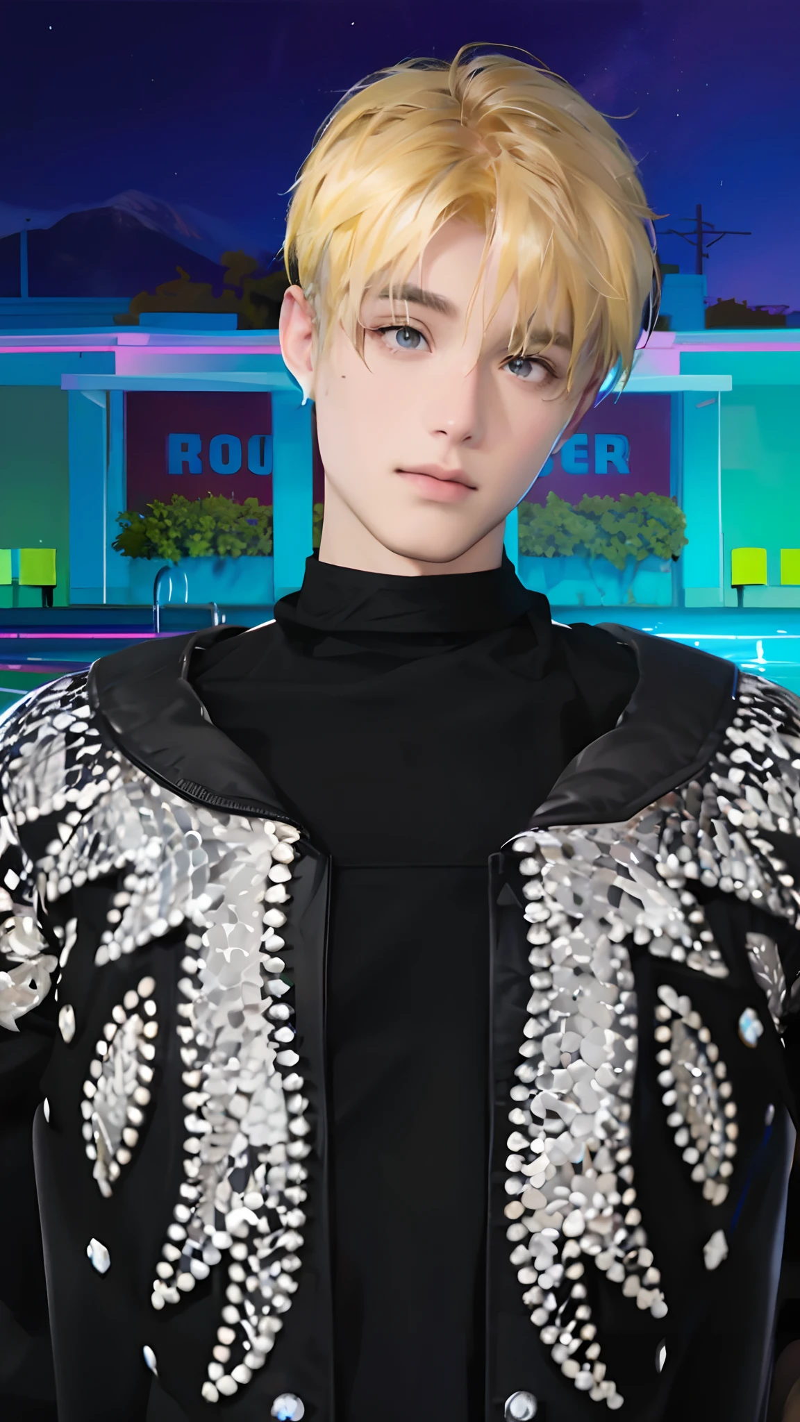 Realistic male with yellow hair and black eyes wearing a black jacket, ultra high quality, realistic, too handsome