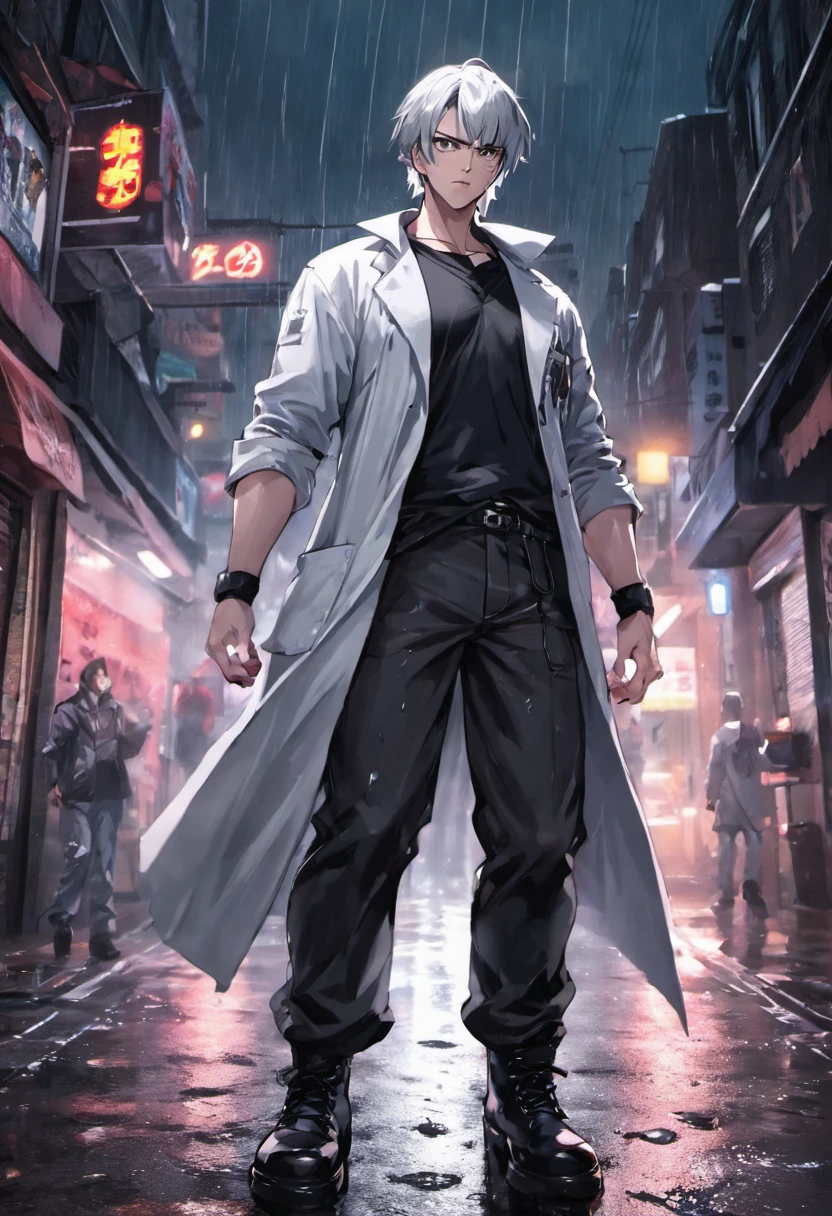 Close-up photos, Man with black hair and partly white hair, Doctor lab coat over black V-neck T-shirt,Wearing camouflage pants and black military boots, On a rainy street at night, Photorealistic, Cinematic lighting