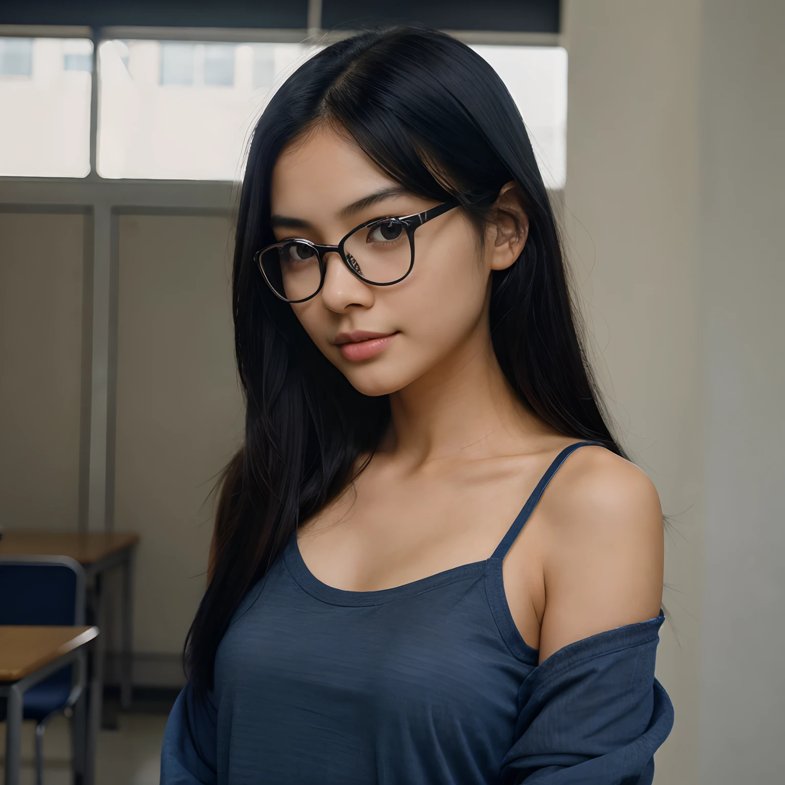 Very young female, half chinese, small slit-eyed, glasses, black hair, flawless white skin, long hair, photorealistic, best quality, hyper detailed, middle school student, beautiful woman, selfie photo from behind, upper body, solo, wearing navy long shirt, without makeup, school (cheerful, happy), looking at viewer, skin texture, film grain, close up, ultra high res, best shadow, RAW, instagram LUT