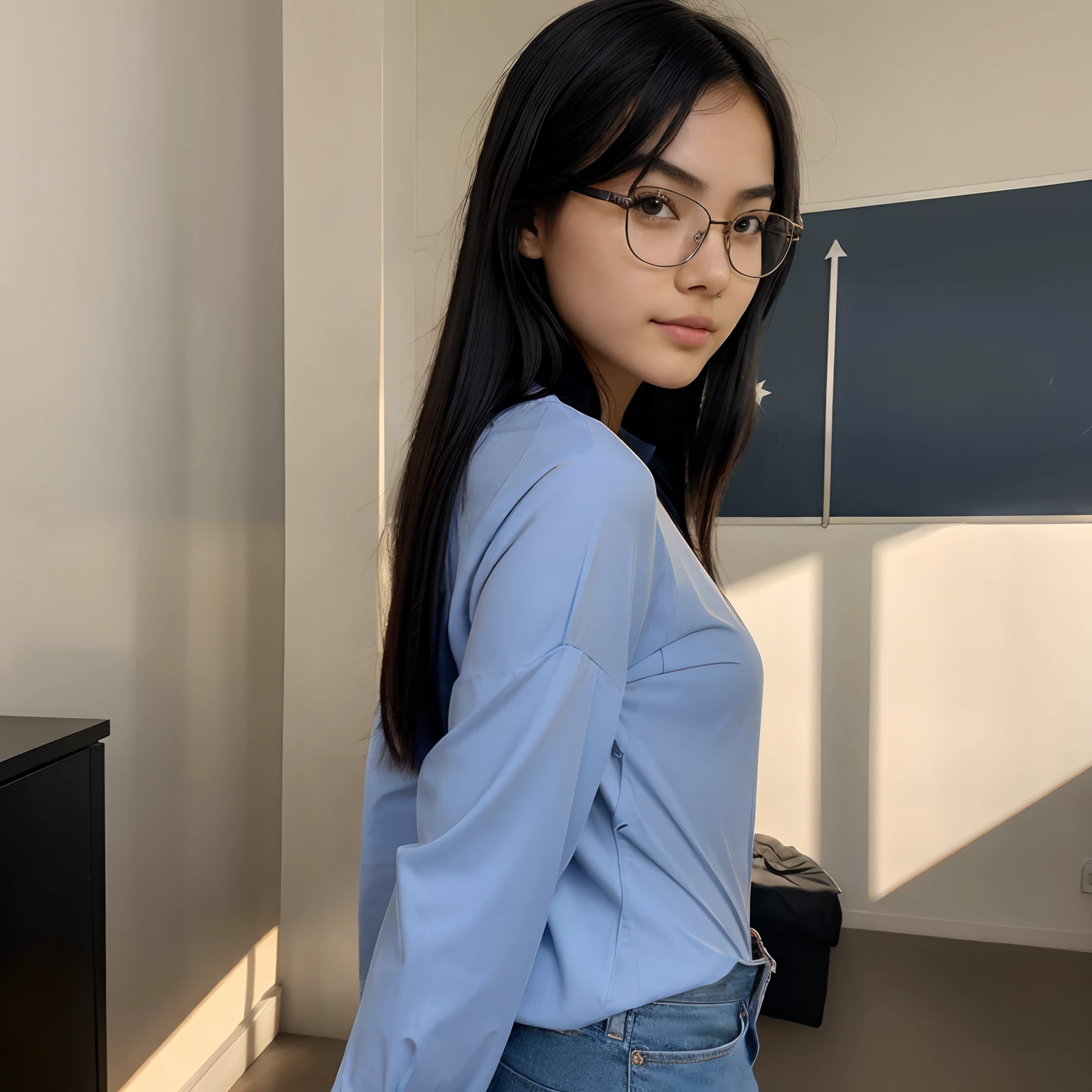 Very young female, half chinese, small slit-eyed, glasses, black hair, flawless white skin, long hair, photorealistic, best quality, hyper detailed, , beautiful woman, selfie photo from behind, upper body, solo, wearing navy long shirt, without makeup, school (cheerful, happy), looking at viewer, skin texture, film grain, close up, ultra high res, best shadow, RAW, instagram LUT