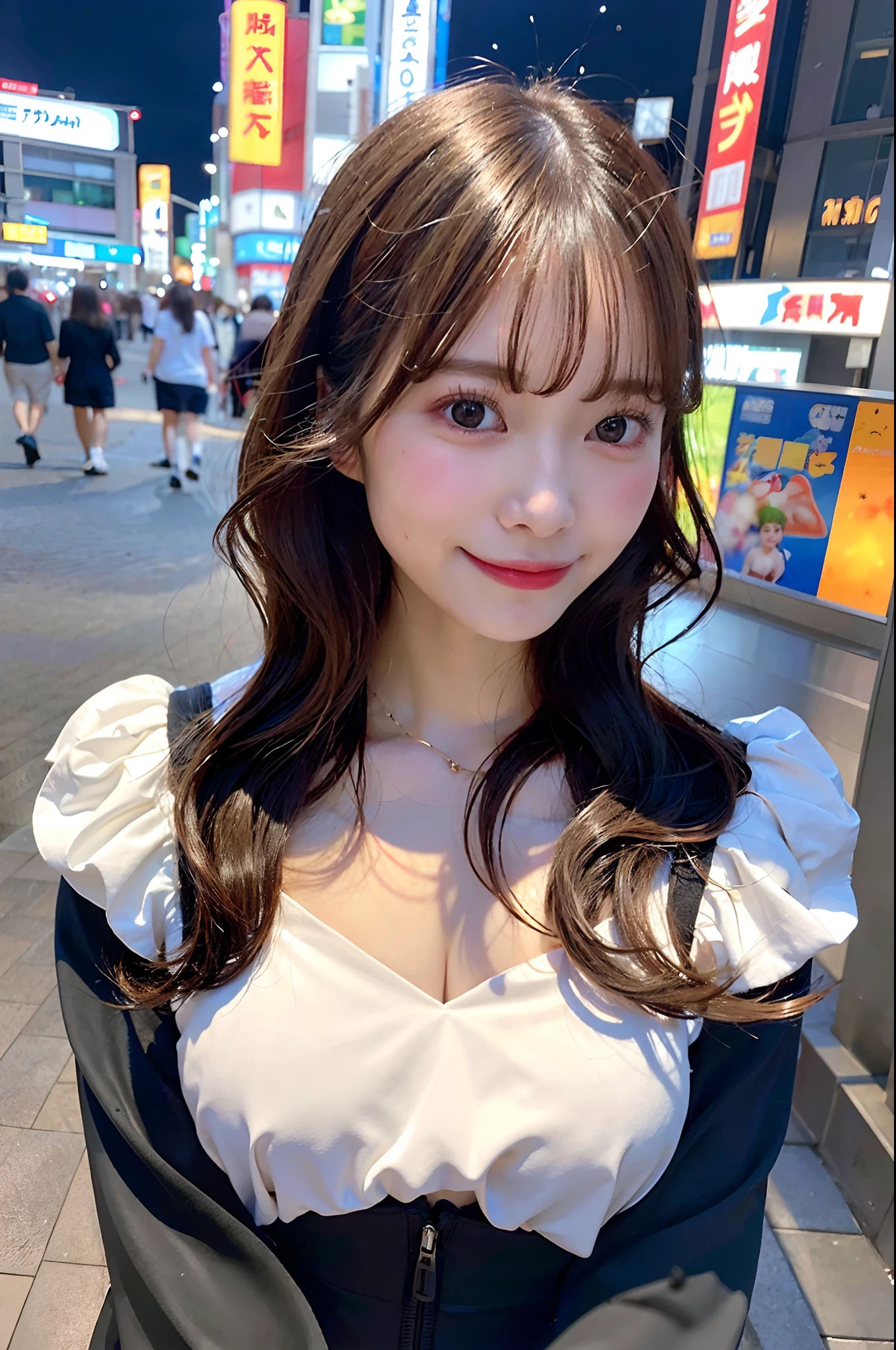 (top-quality、8K、32K、masuter piece、nffsw:1.2)、profile、(slim figure:1.2)、(s lips) 、age19、kawaii pose、Incredibly ridiculous、(Akihabara at night:1.3)、Halloween、Costume Party、Colossal tits、二重まぶた、shinny skin、Realistic rays、mare、beauitful face、(A smile:1.3)、crouching down、(From  above:1.2)、(a closeup:1.4)、blurry backround、(Front Focus)、(Dark: 1.6)、Fantasy Art、photoRealstic、Professional Lighting、extra detailed face、Award-winning、deep-shadows