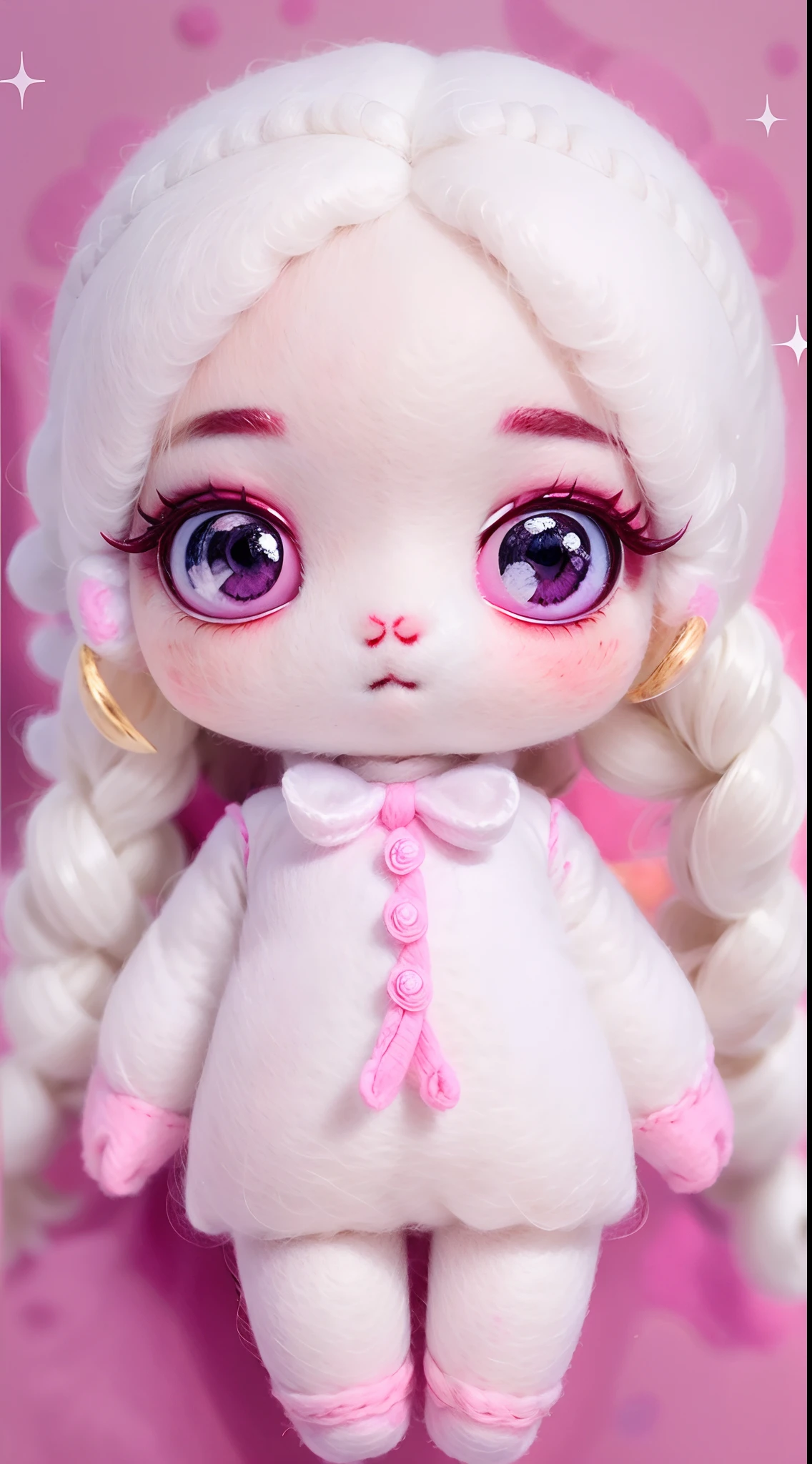 wool felt,felt,Plush ,adolable,Masterpiece, Best quality, Super detailed, illustration, Beautiful detailed eyes, Close up, A girl. It is white hair, Pink bow, White pajamas.