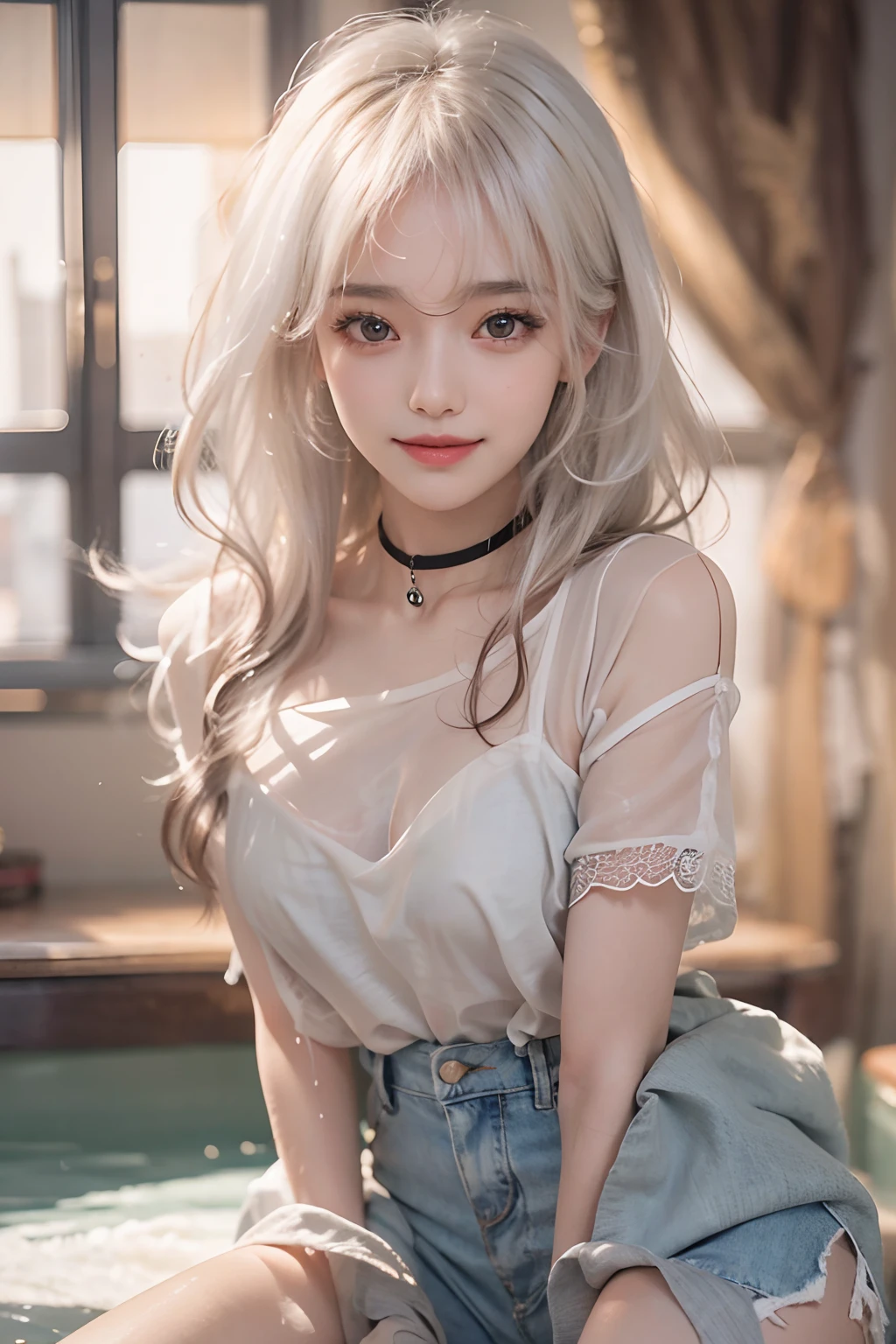 (from behind), ((upper Shot))、 (Photoreal Stick:1.2)、8K UHD、hight resolution、(1 girl)、in her 20s、(white  hair), (Medium Hair)、(Pattsun bangs)、((The best smile))、(High quality shadows)、Detail Beautiful delicate face、Detail Beautiful delicate eyes、Pretty Kpop Girl、(Korean Urzan Face)、(ulzzang -6500-v1.1:0.6)、pureerosface_v1、gloweyes、perfectbody、 Incredible dynamic range photography(UTIL_Art by Smoose-768:1.1),(wetting hair)、(wetted skin)、 teak、Bright red lipstick、Glossy lips、(a choker)、((Brown eyes))、((Beautiful Finger))、 Shiny hair、Description beautiful delicate hair、(Lustrous skin)、(inside in room)、(tshirts)、denim pant、Standing by the window, with open arms and bathing in the morning sun all over his body、