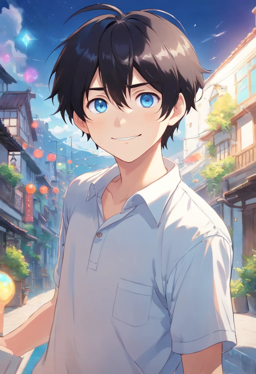 beaming smile,White room background,Black hair, Anime style, Character Chart, One-person viewpoint,white shirt,Anime Boy, young anime man, anime moe art style, Anime Boy, Smooth Anime CG Art, Male anime style, artwork in the style of guweiz, A cute boy,rainbows,Anime portrait of a handsome man, digital anime illustration, Short anime guy with blue eyes, male anime characters, boy has short black hair,nffsw,